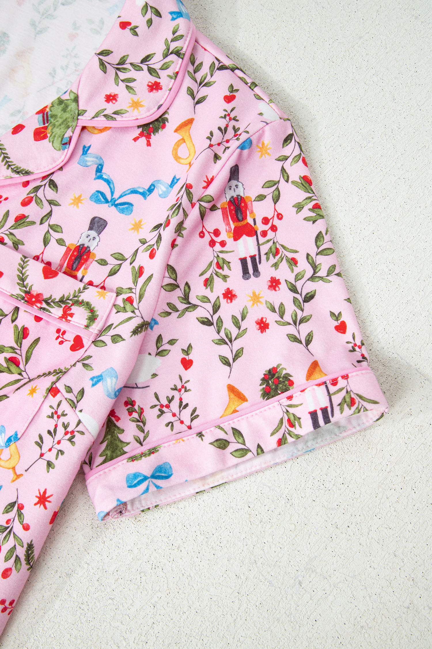 Pink Nutcracker Doll Christmas Print Ribbon Tie Waist Short 2pcs Pajama Set - loveforevers