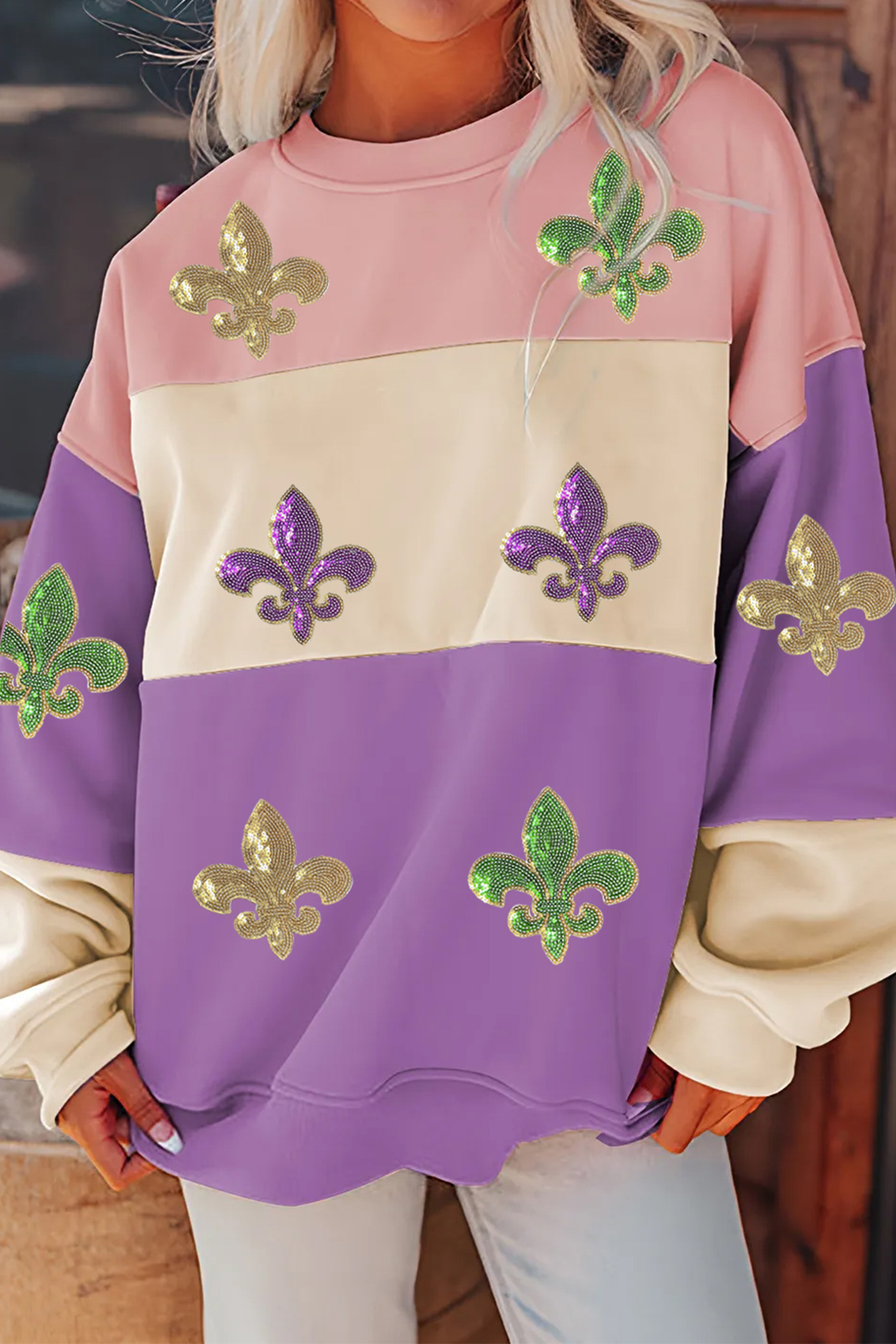 Meadow Mauve Colorblock Sequined Fleur De Lis Sweatshirt - loveforevers