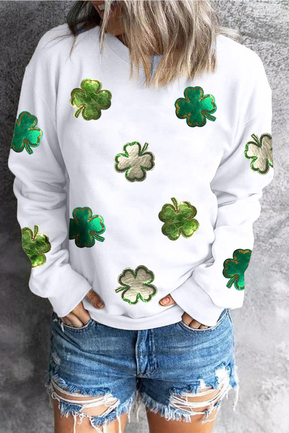 White Four Leaf Clover Patched Graphic St Patricks Sweatshirt - loveforevers