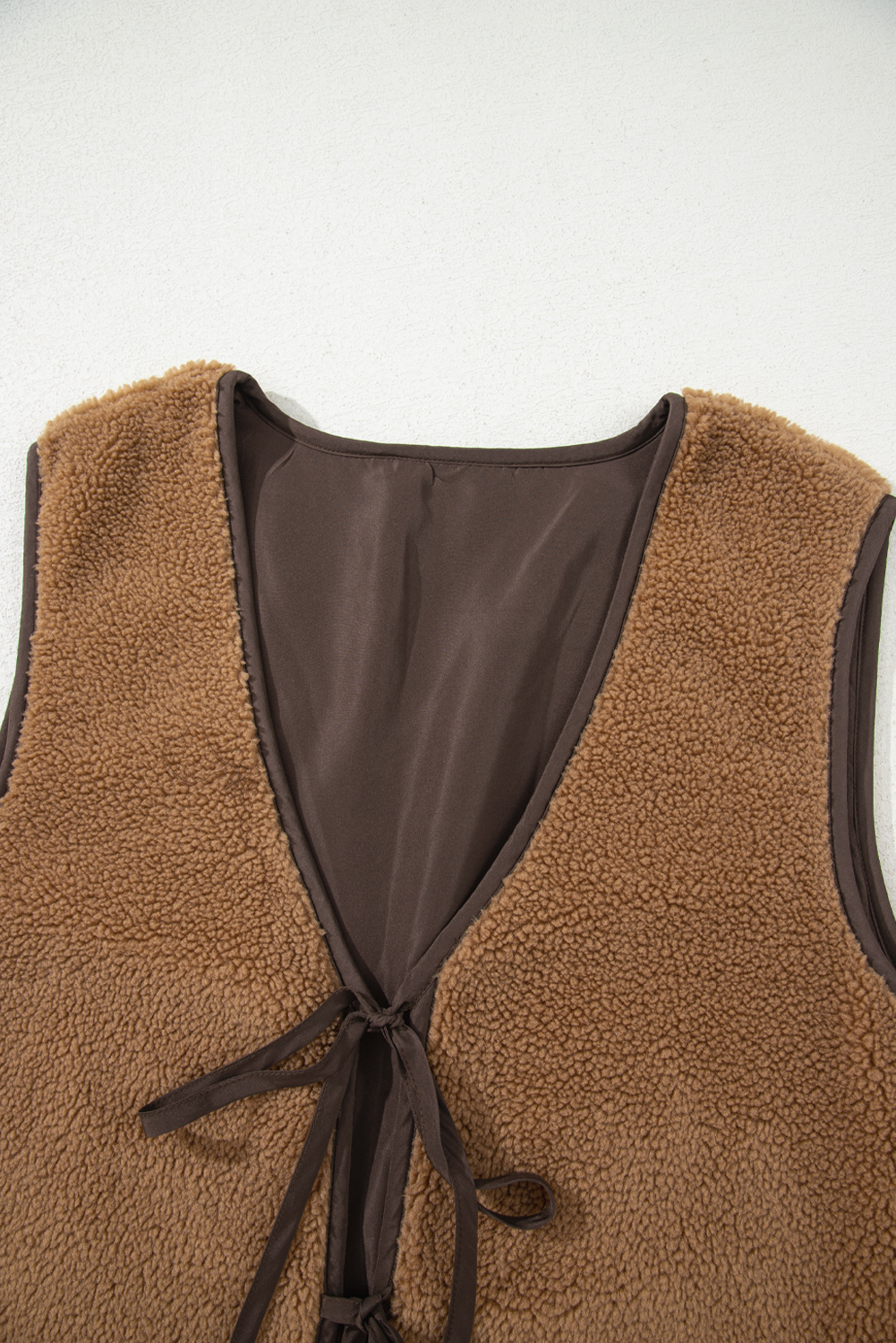 Light French Beige Contrast Trim Tie Front Sherpa Vest - loveforevers