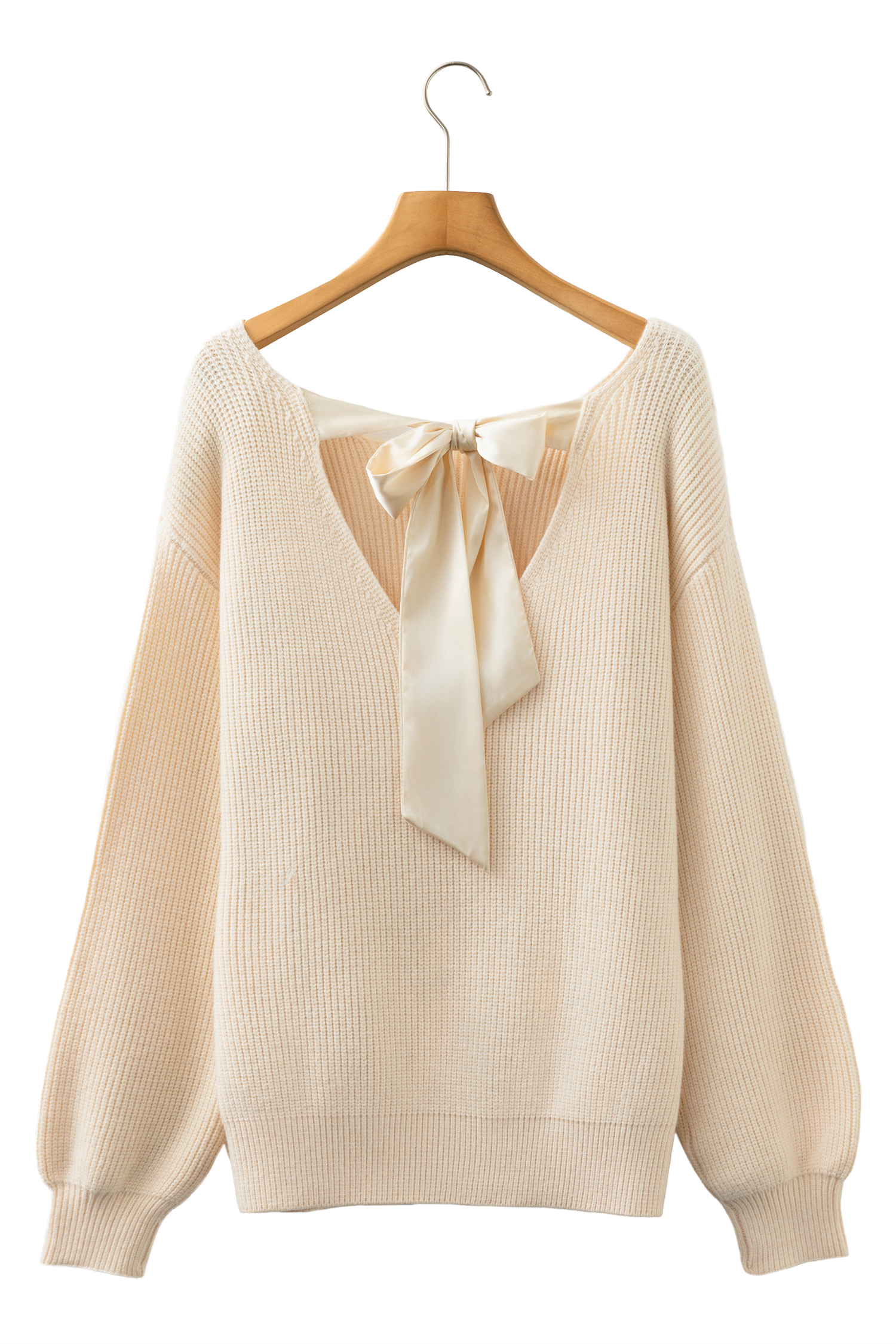 Black Ribbed Knit Ribbon Knot Backless Drop Shoulder Sweater - loveforevers