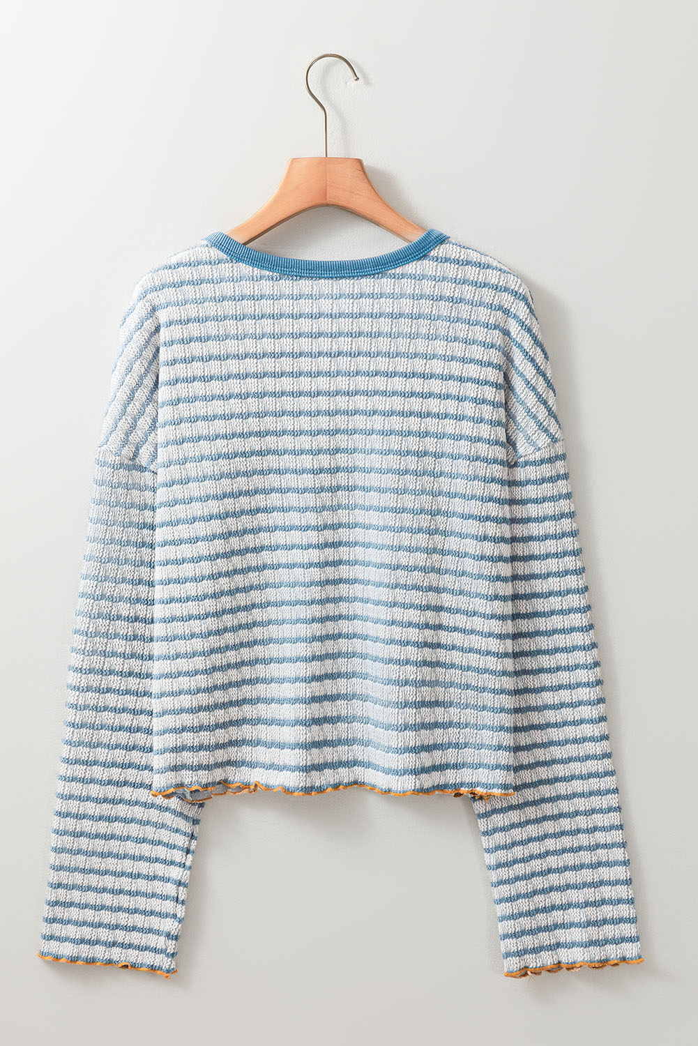 Sky Blue Stripe Textured Frilly Trim Buttons Henley Long Sleeve Top - loveforevers