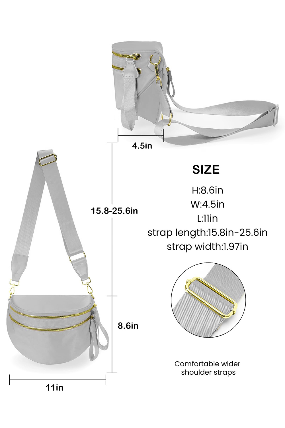 Light Grey Double Zip Crescent Shape Adjustable Sling Bag - loveforevers