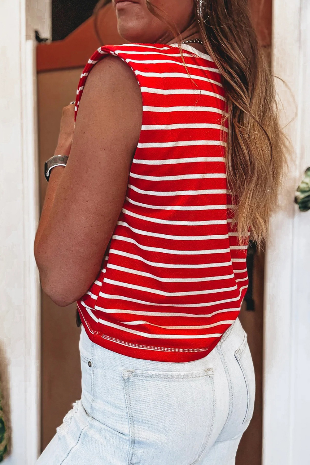 Brown Stripe Ribbed Round Neck Trim Loose Tank Top - loveforevers