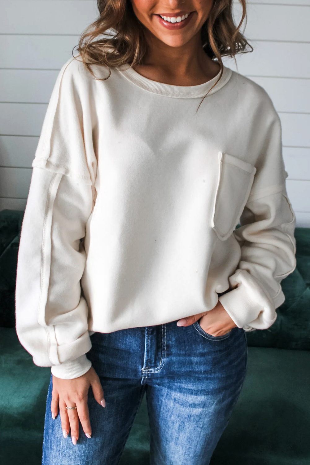 White Exposed Seam Chest Pocket Knit Pullover Sweatshirt - loveforevers