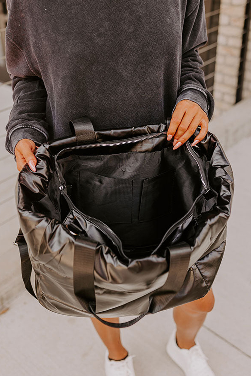 Black Solid Zipper Puffer Large Tote Bag - loveforevers