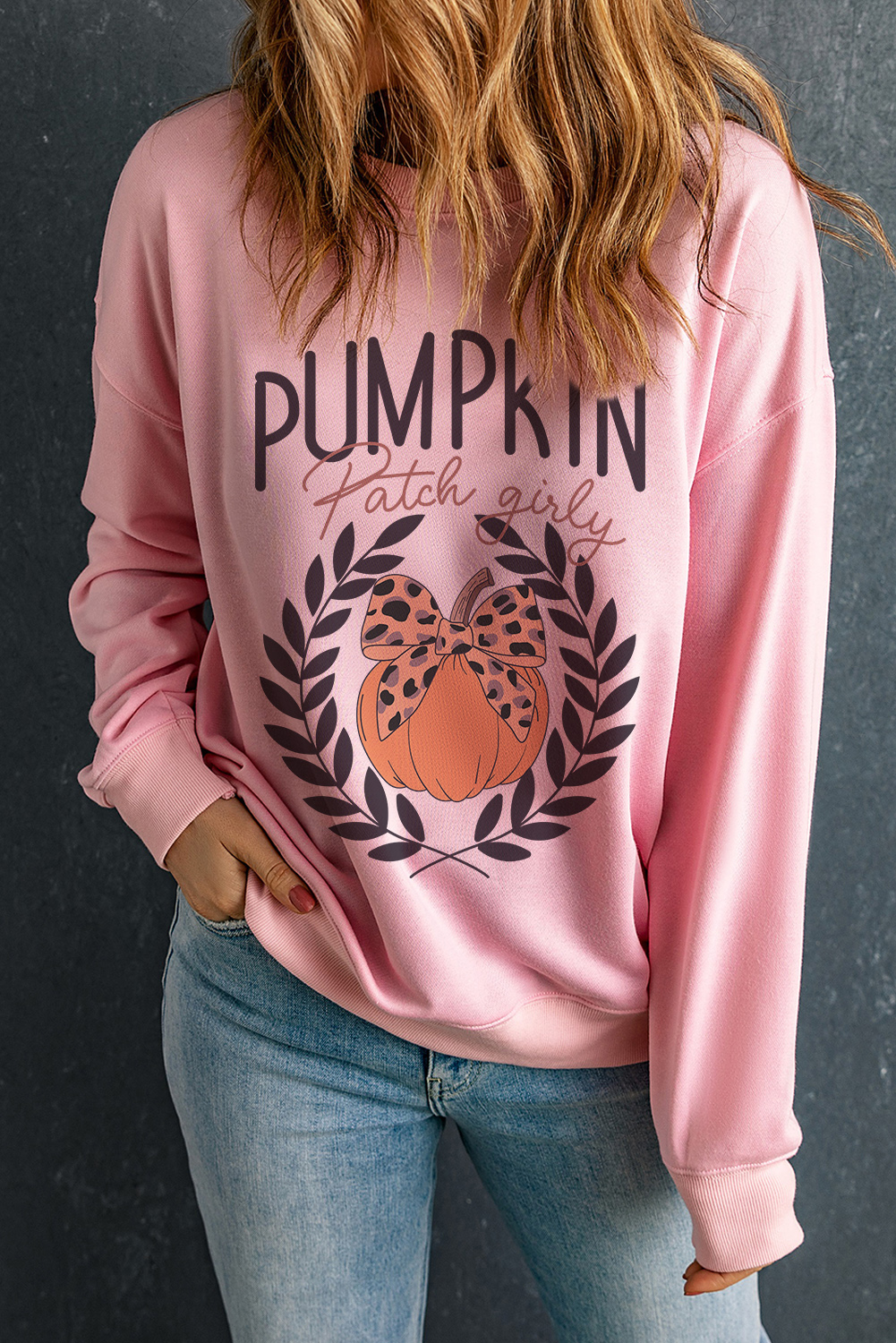 Pink Leopard Bowknot Pumpkin Graphic Halloween Sweatshirt - loveforevers