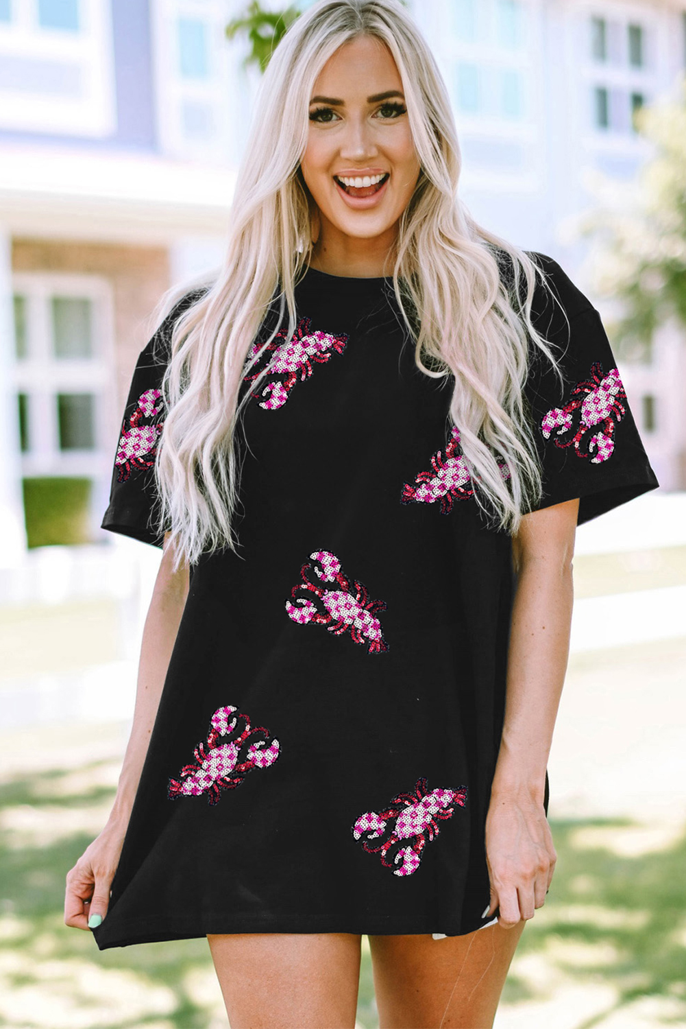 Black Sequin Crawfish Patched Crew Neck Tee - loveforevers