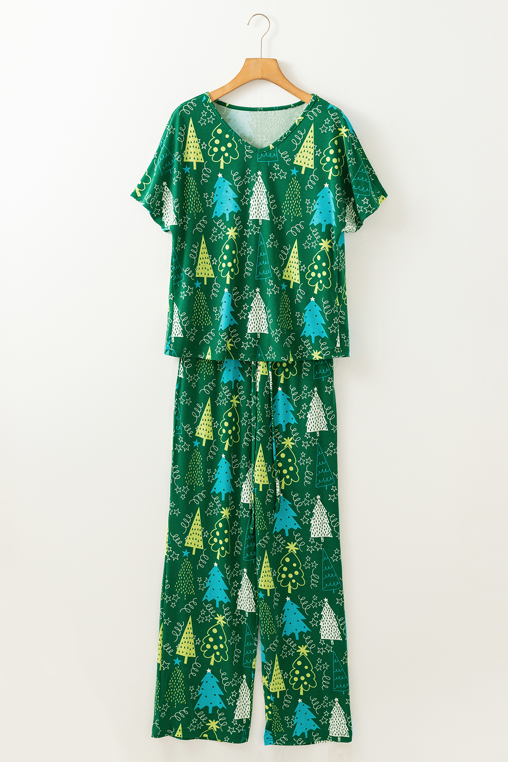 Rose Christmas Tree Print V Neck Tee and Pants Lounge Set - loveforevers