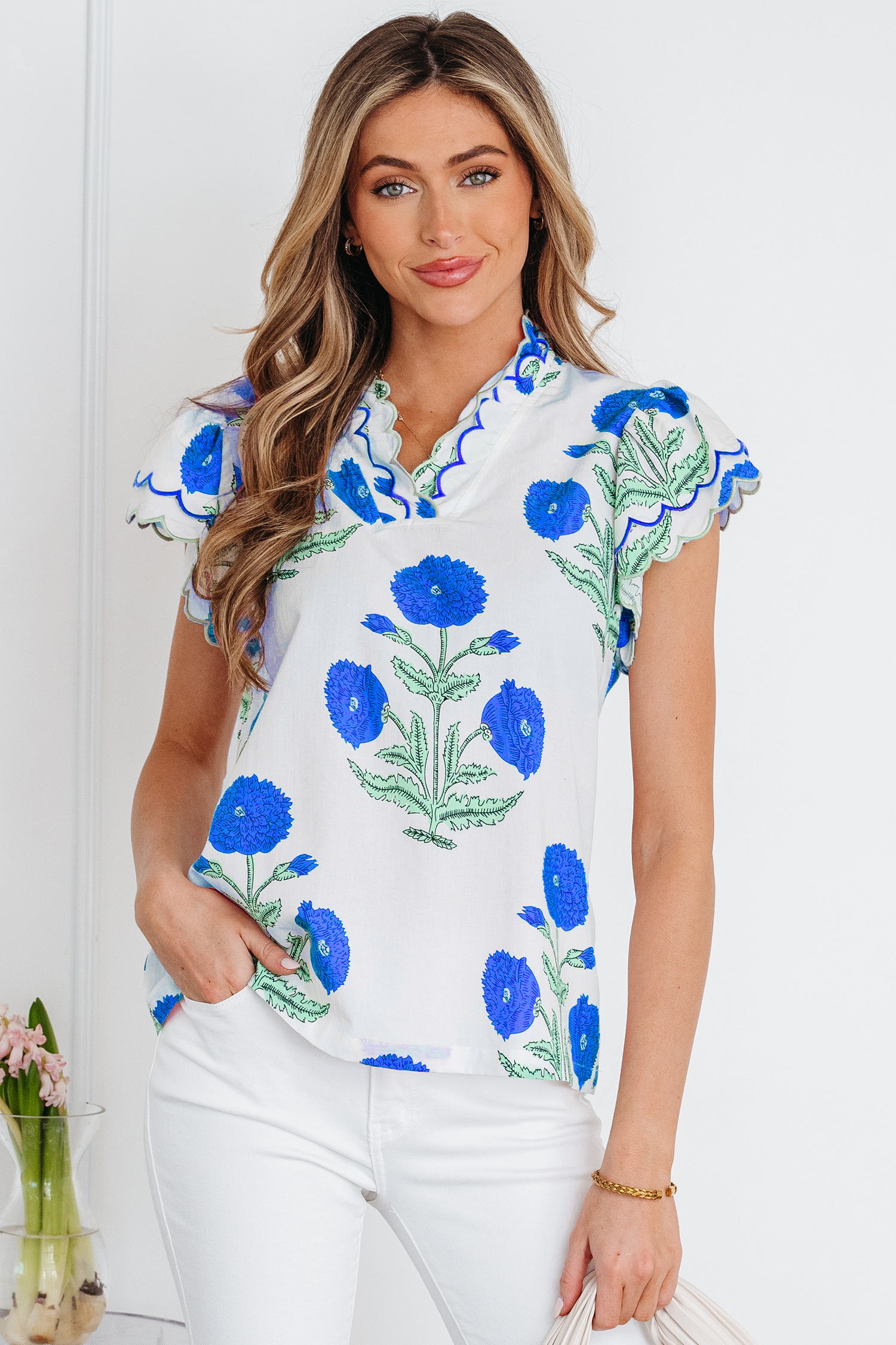 Blue Wild Flower Print Contrast Trim Scallop Detail Short Sleeve Blouse - loveforevers