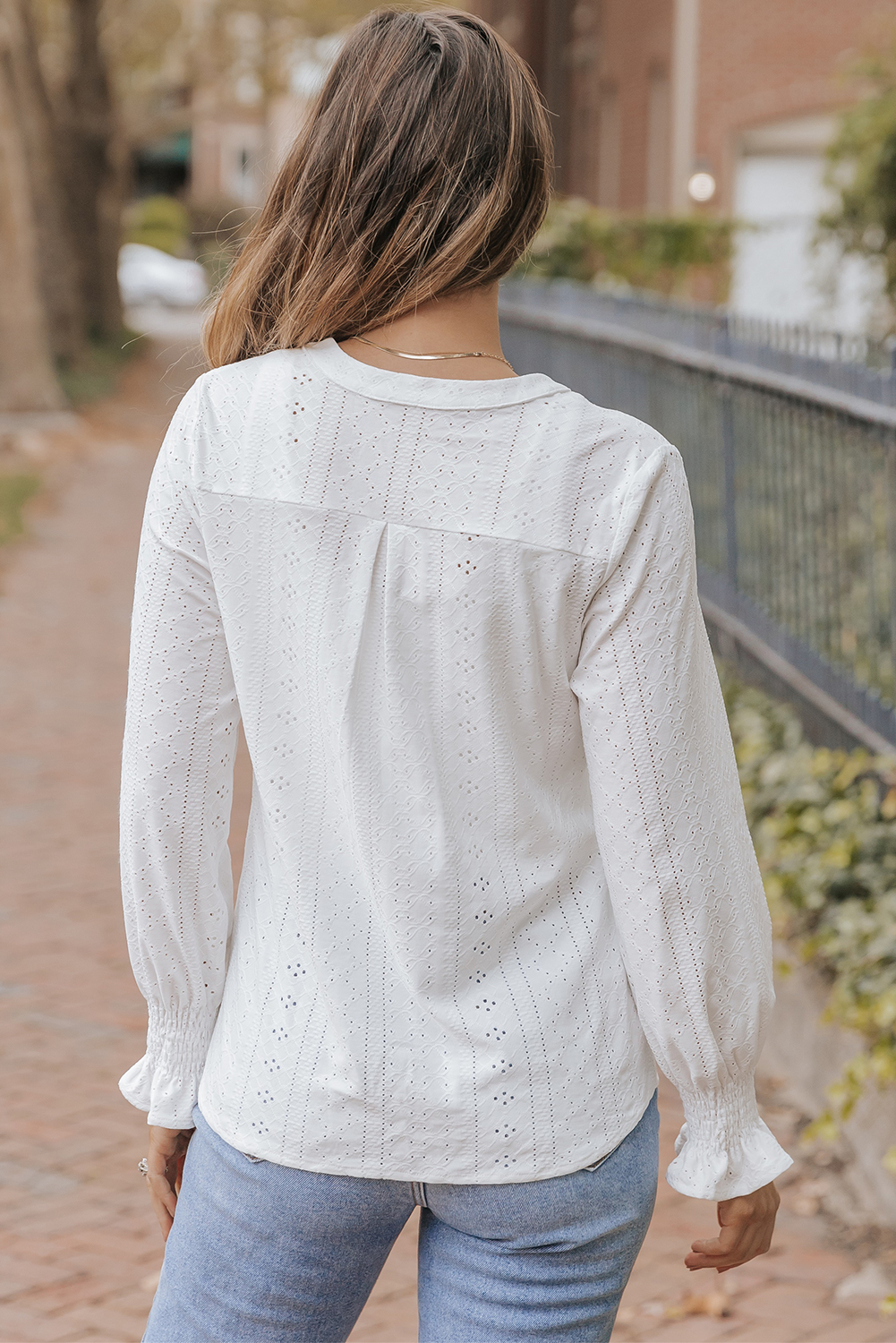 White Split Neck Textured Loose Blouse - loveforevers