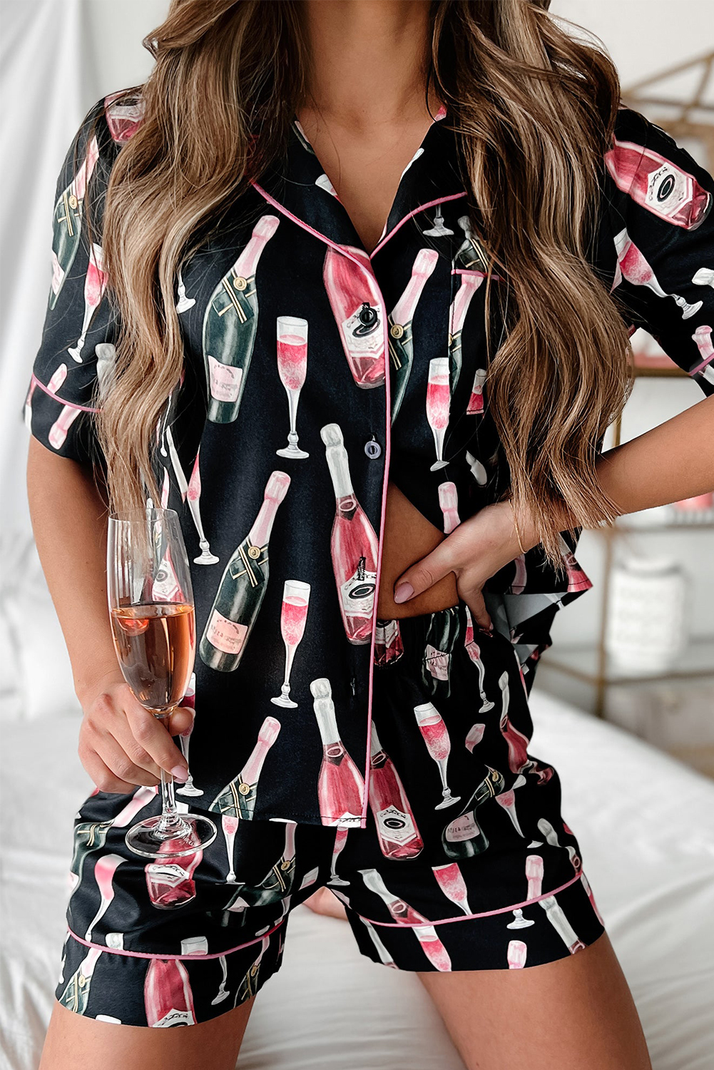 Black Champagne Print Silky Short Sleeve Pajamas Set - loveforevers