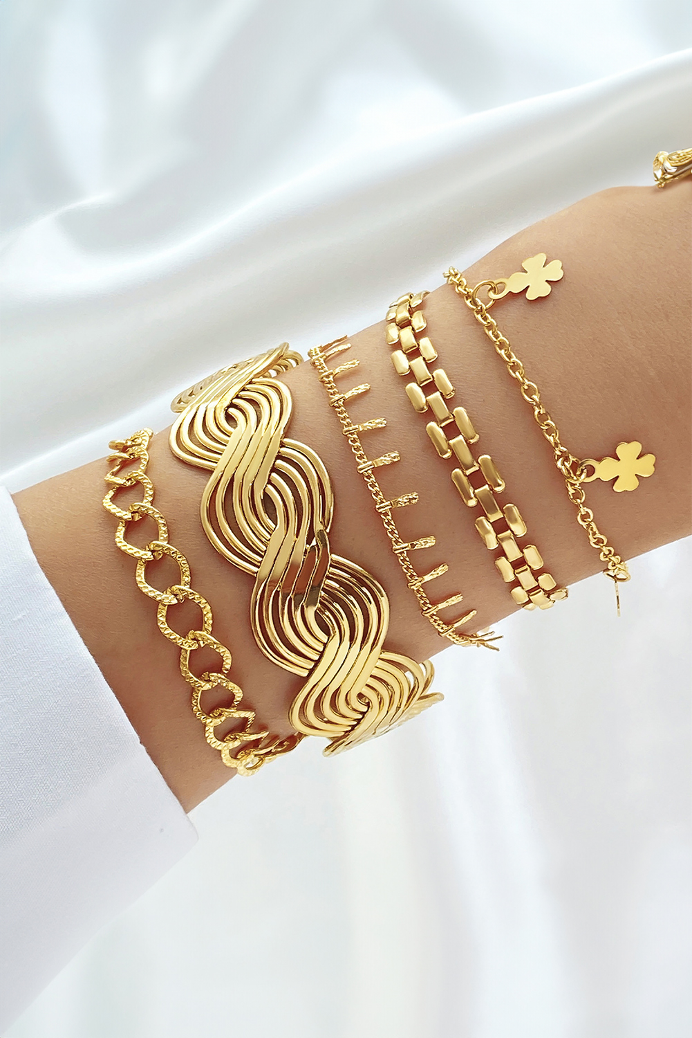 Gold Clover Charm Multi Layered Plated Adjustable Bracelet Set - loveforevers