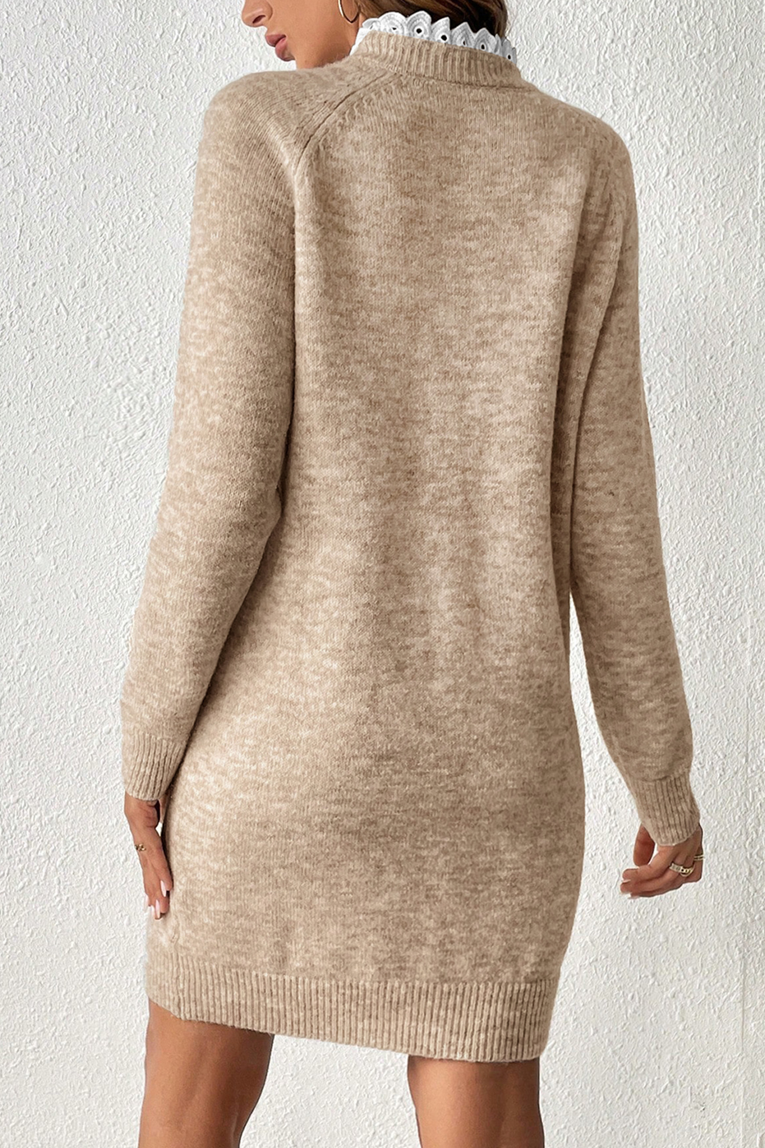 Parchment Button Lace Detail Raglan Sleeve Shift Mini Sweater Dress - loveforevers
