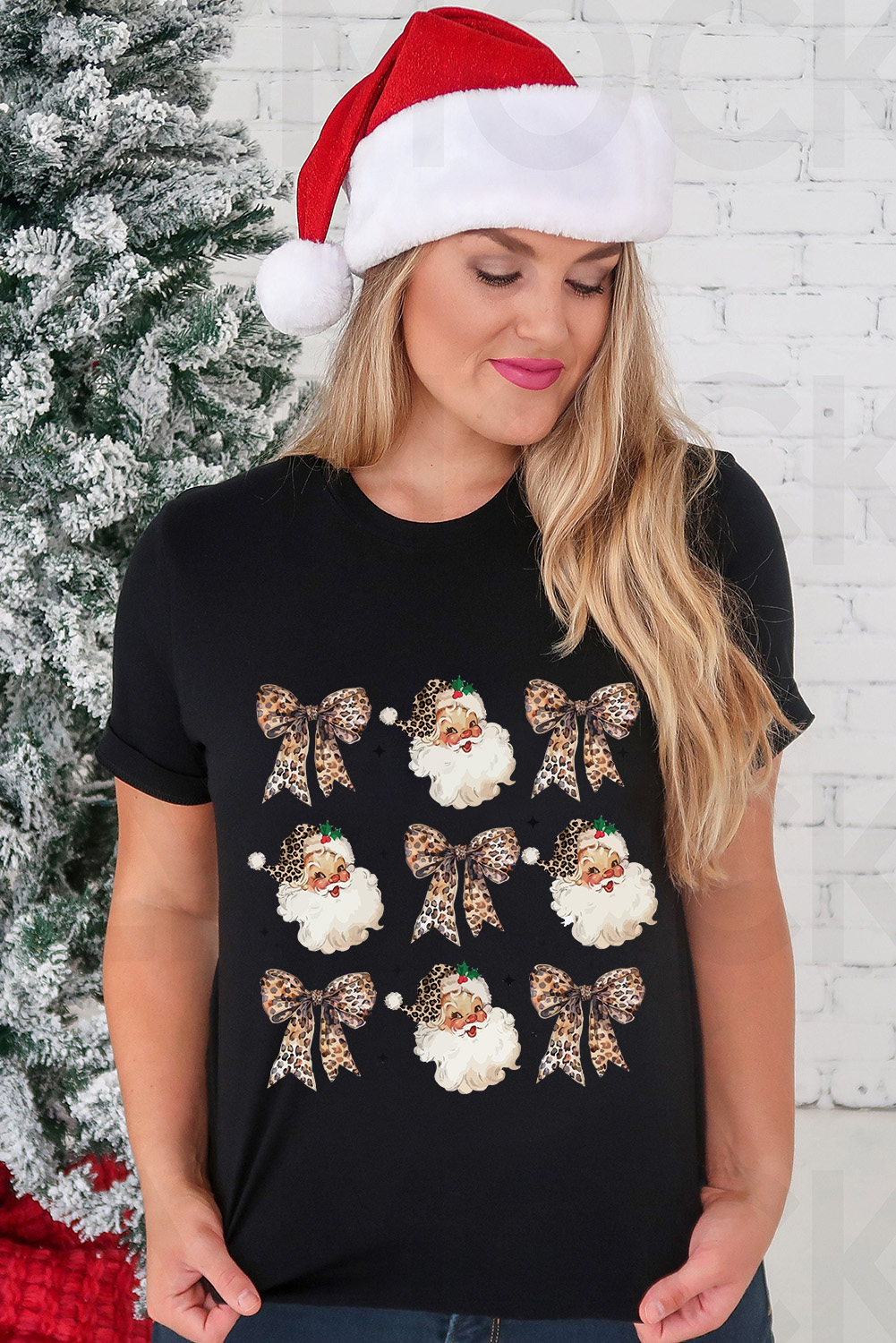 Black Santa Claus Leopard Bow Print Crew Neck Casual T Shirt - loveforevers
