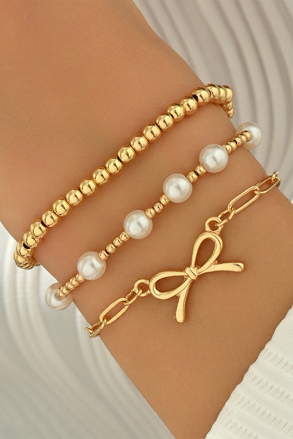 Gold Bow Chain Link Pearl Beaded Multi Layer Bracelet - loveforevers