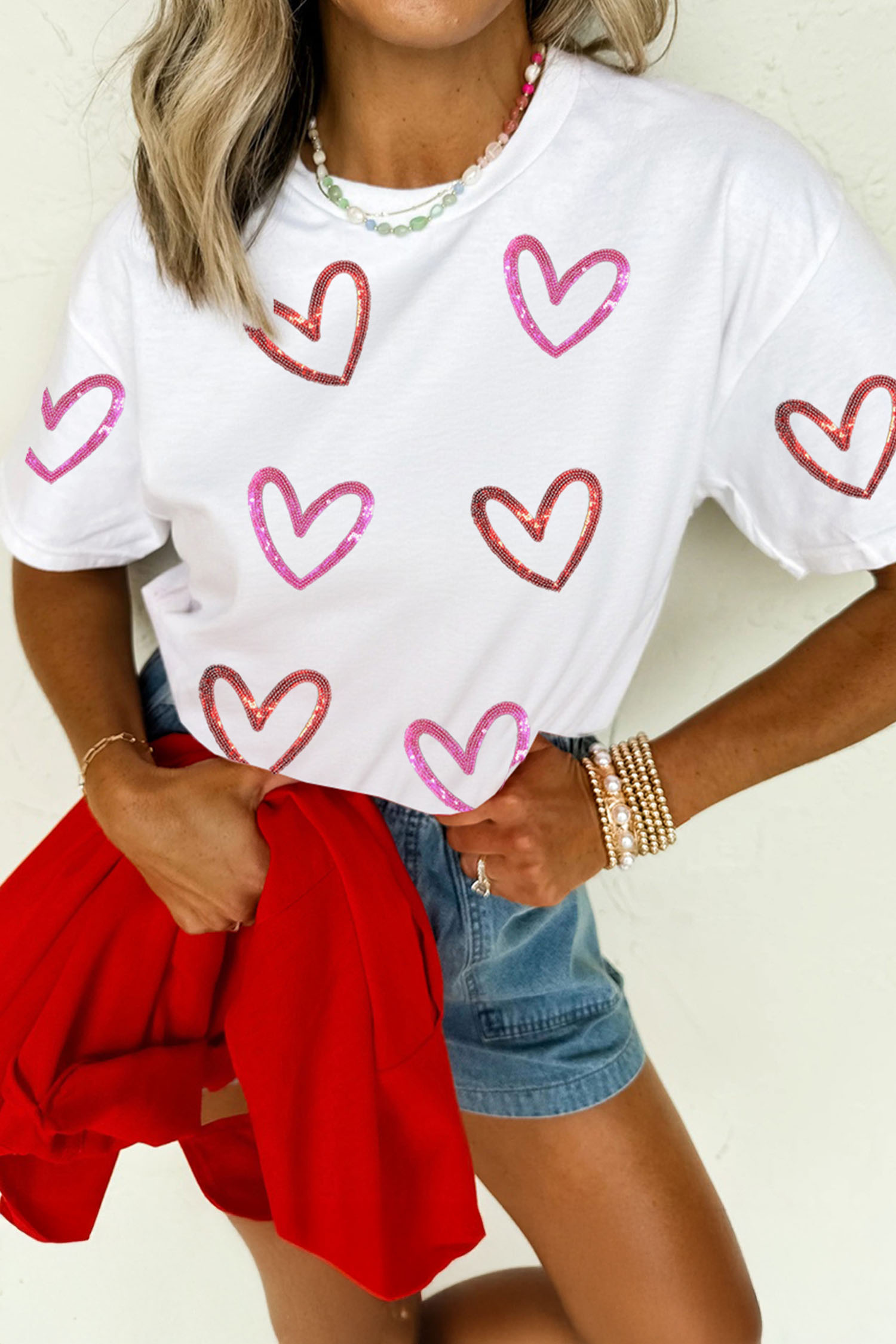 White Sequin Heart Sketch Graphic Womens Casual Tee - loveforevers