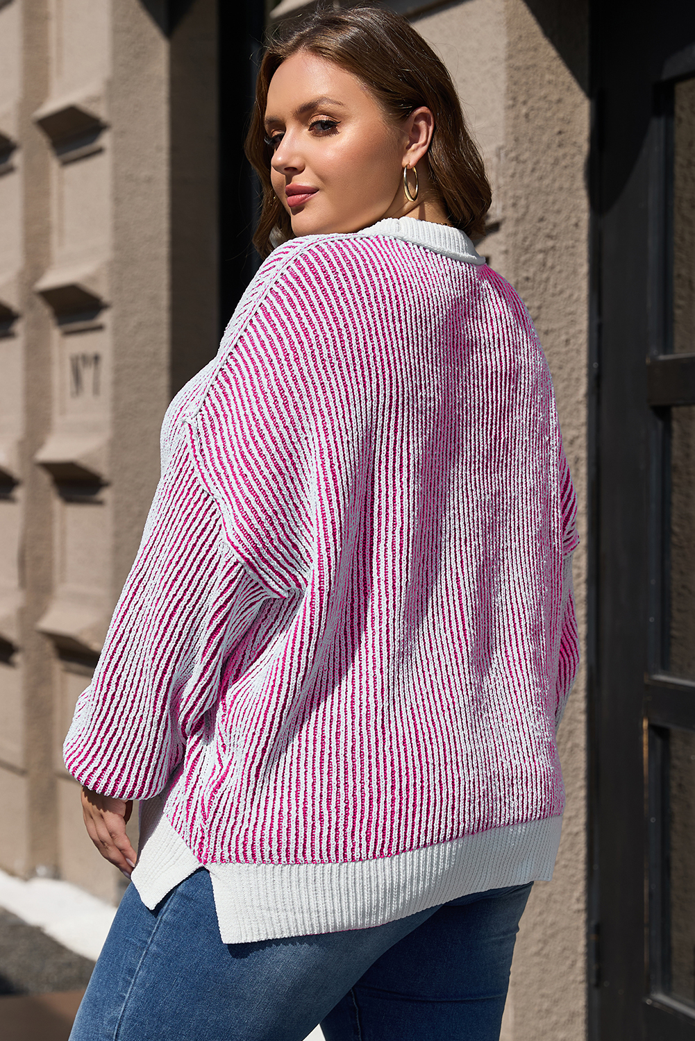 Bright Pink Striped Textured Knit Contrast Edge Loose Sweater - loveforevers