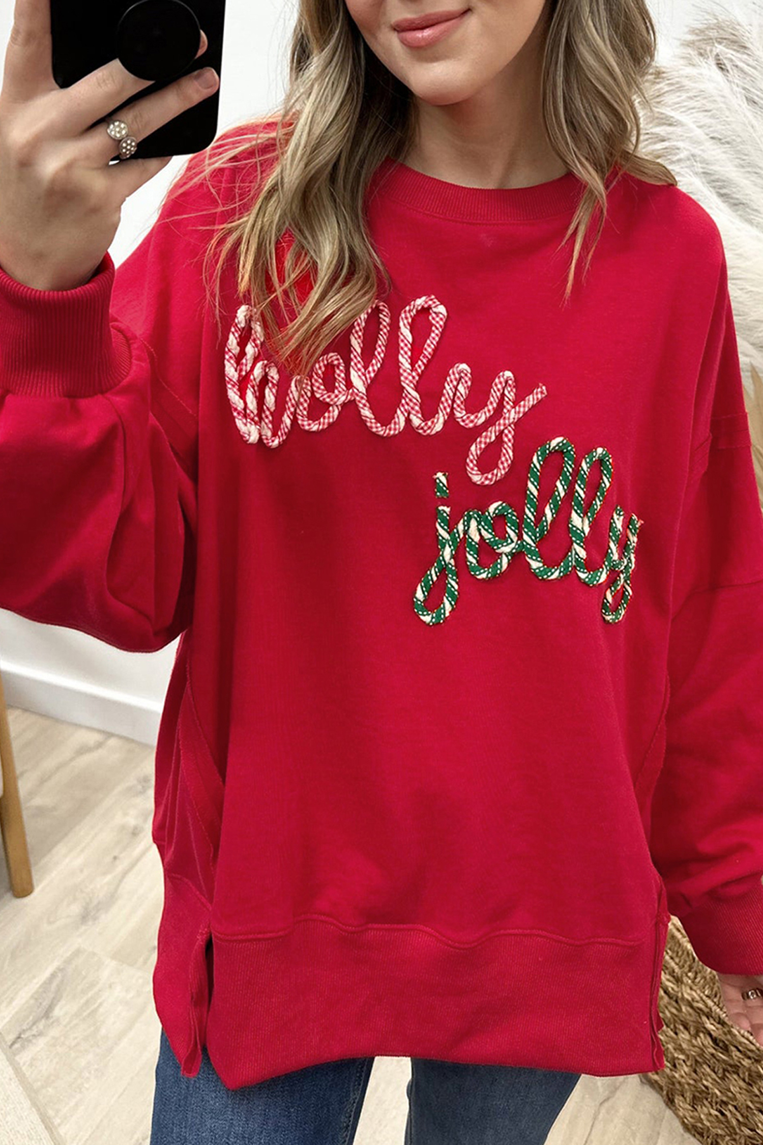 Racing Red Holly Jolly Embroidered Graphic Baggy Sweatshirt - loveforevers