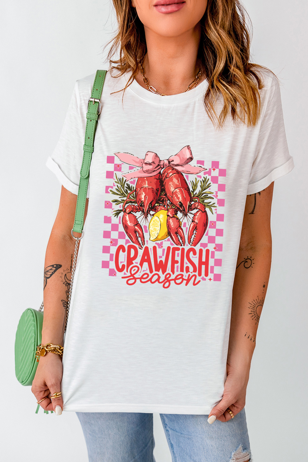 White Checkerboard Bow Crawfish Season Printed Crewneck T Shirt - loveforevers