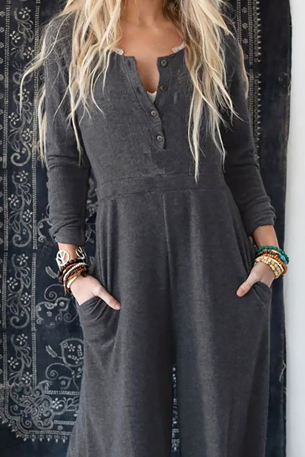 Gray Button Long Sleeve Wide Leg Jumpsuit - loveforevers