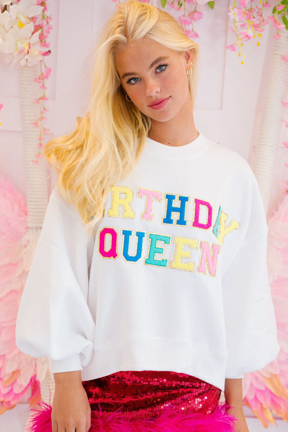 White BIRTHDAY QUEEN Graphic Balloon Sleeve Sweatshirt - loveforevers