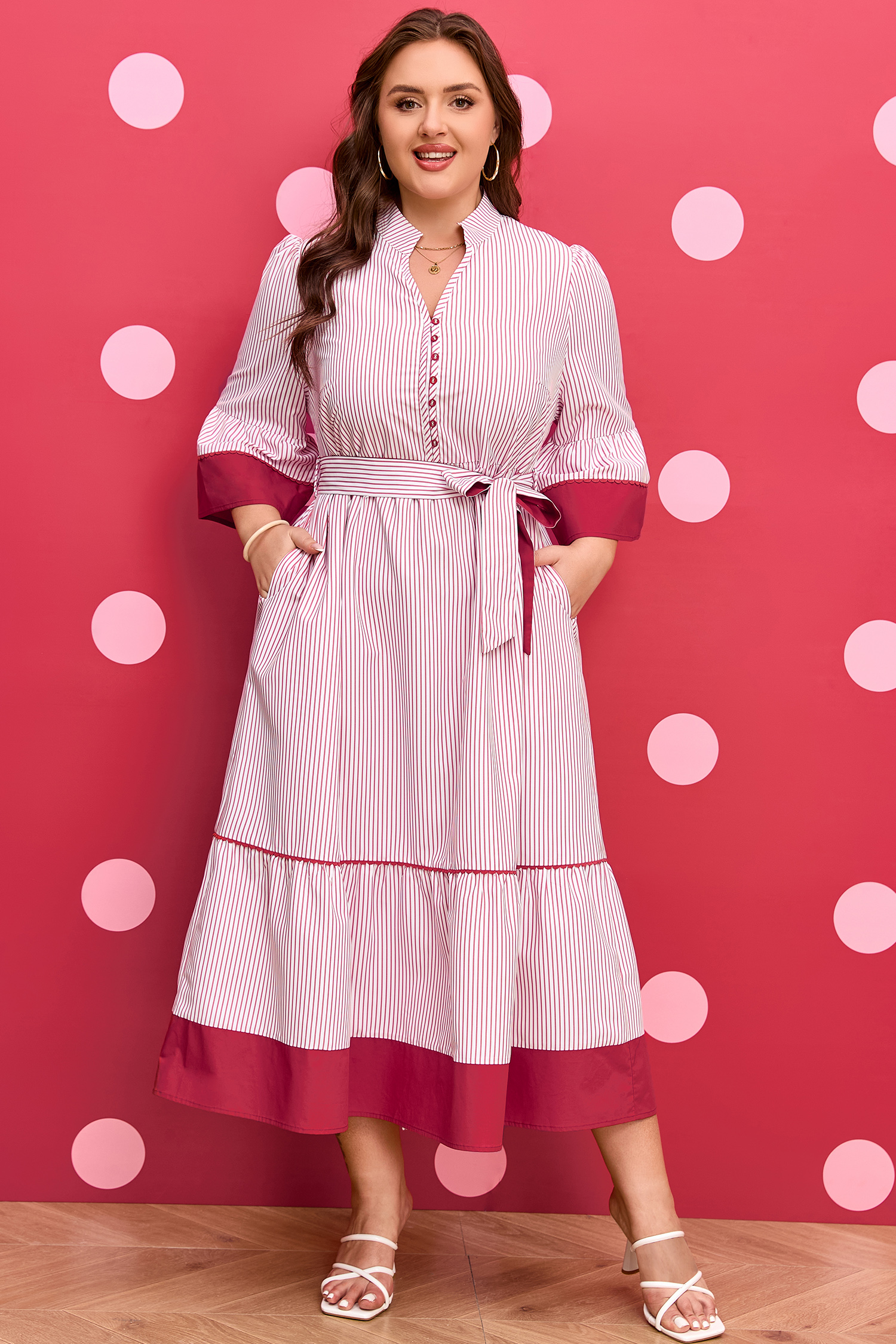Red Stripe Plus Size Ruffled Hem Pinstriped Midi Dress - loveforevers