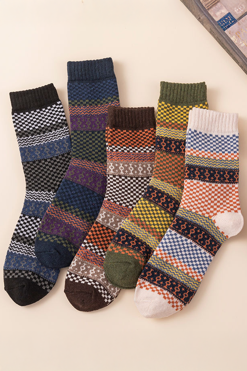 Brown Boho Checkered Pattern Soft Crew Socks Set - loveforevers