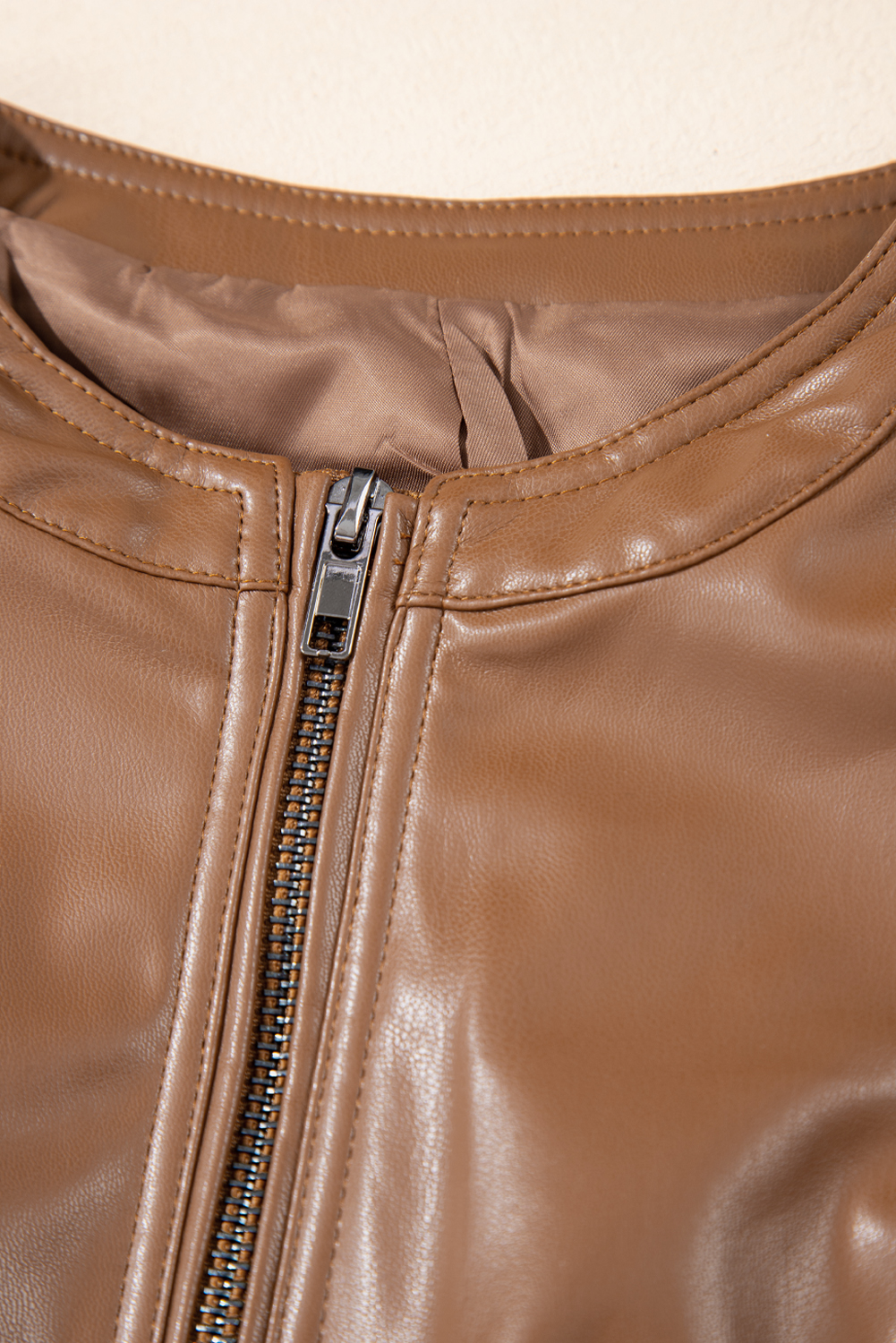 Chestnut Solid Faux Leather Zipper Slim Fit Bomber Jacket - loveforevers