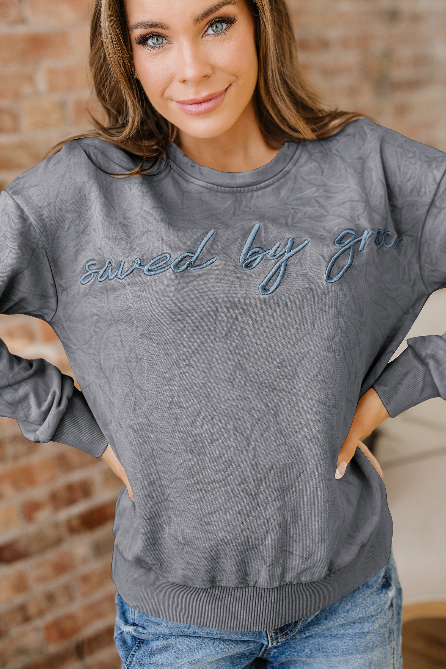 DUNE saved by grace Letter Embroidery Mineral Wash Loose Sweatshirt - loveforevers