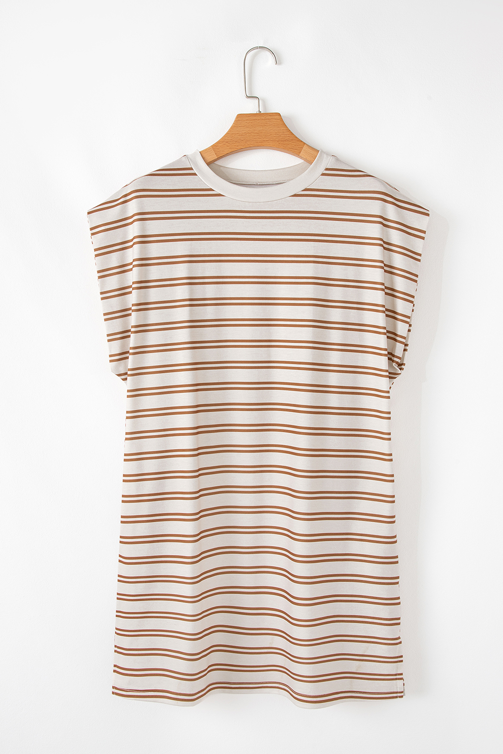 Khaki Stripe Round Neck Sleeveless Casual Pocketed Mini Dress - loveforevers