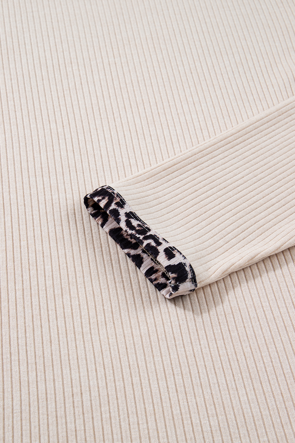 Parchment Ribbed Contrast Leopard Edge Round Neck Plus Knit Top - loveforevers