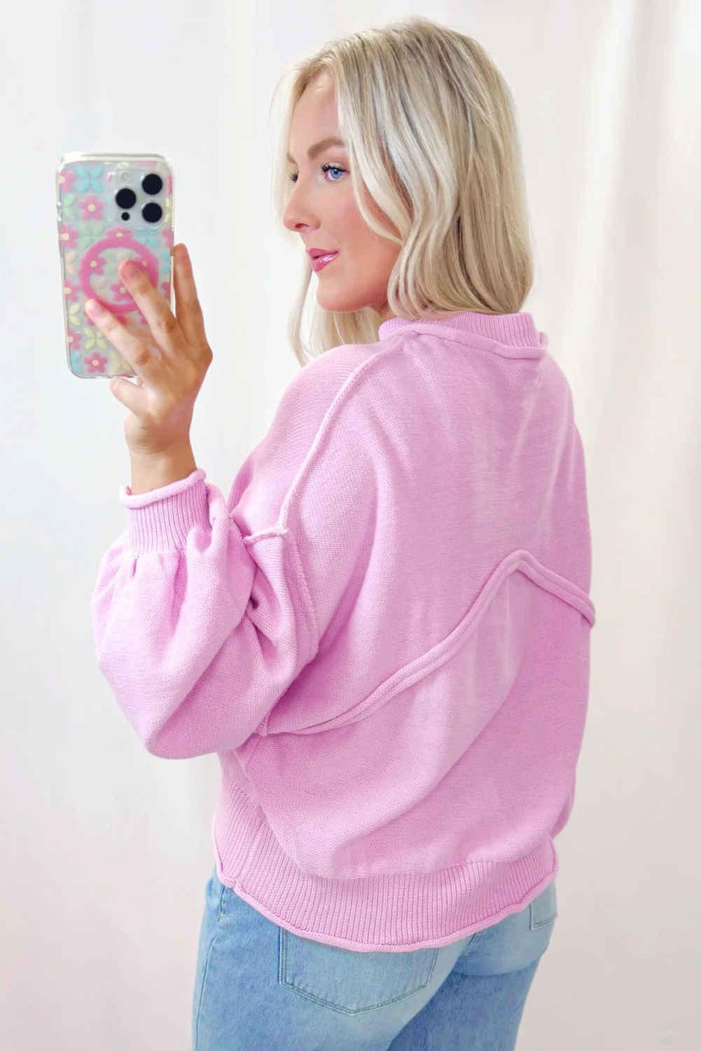 Pink Raw Edge Ribbed Detail Drop Shoulder Sweater - loveforevers