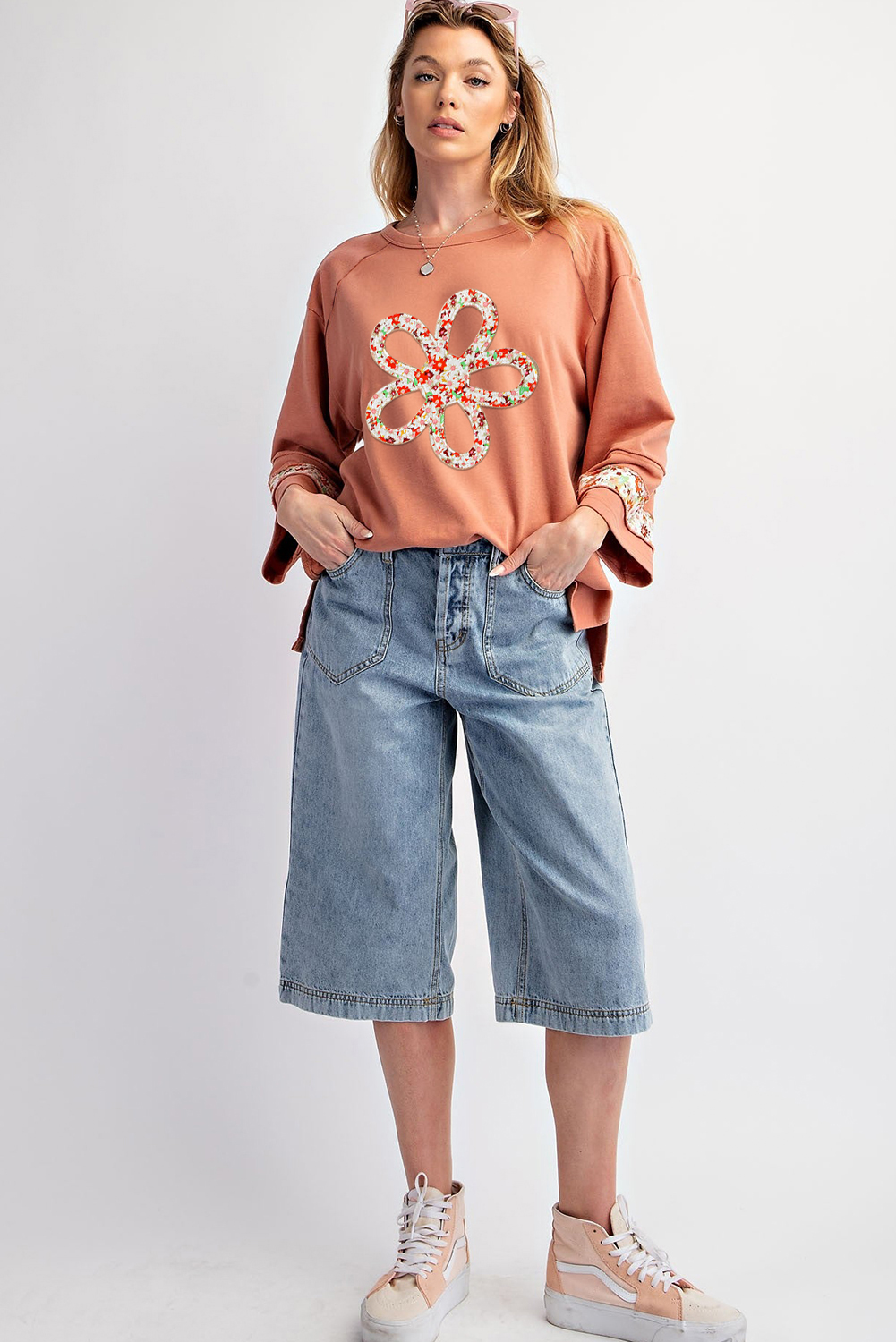 Beige Flower Patch Graphic Exposed Seam Wide Sleeve Top - loveforevers