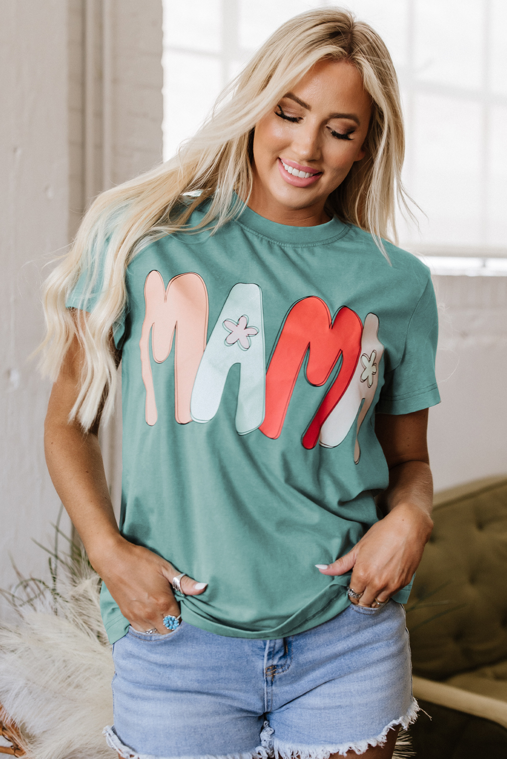 Sea Green MAMA Printed Mineral Wash Crewneck T Shirt - loveforevers