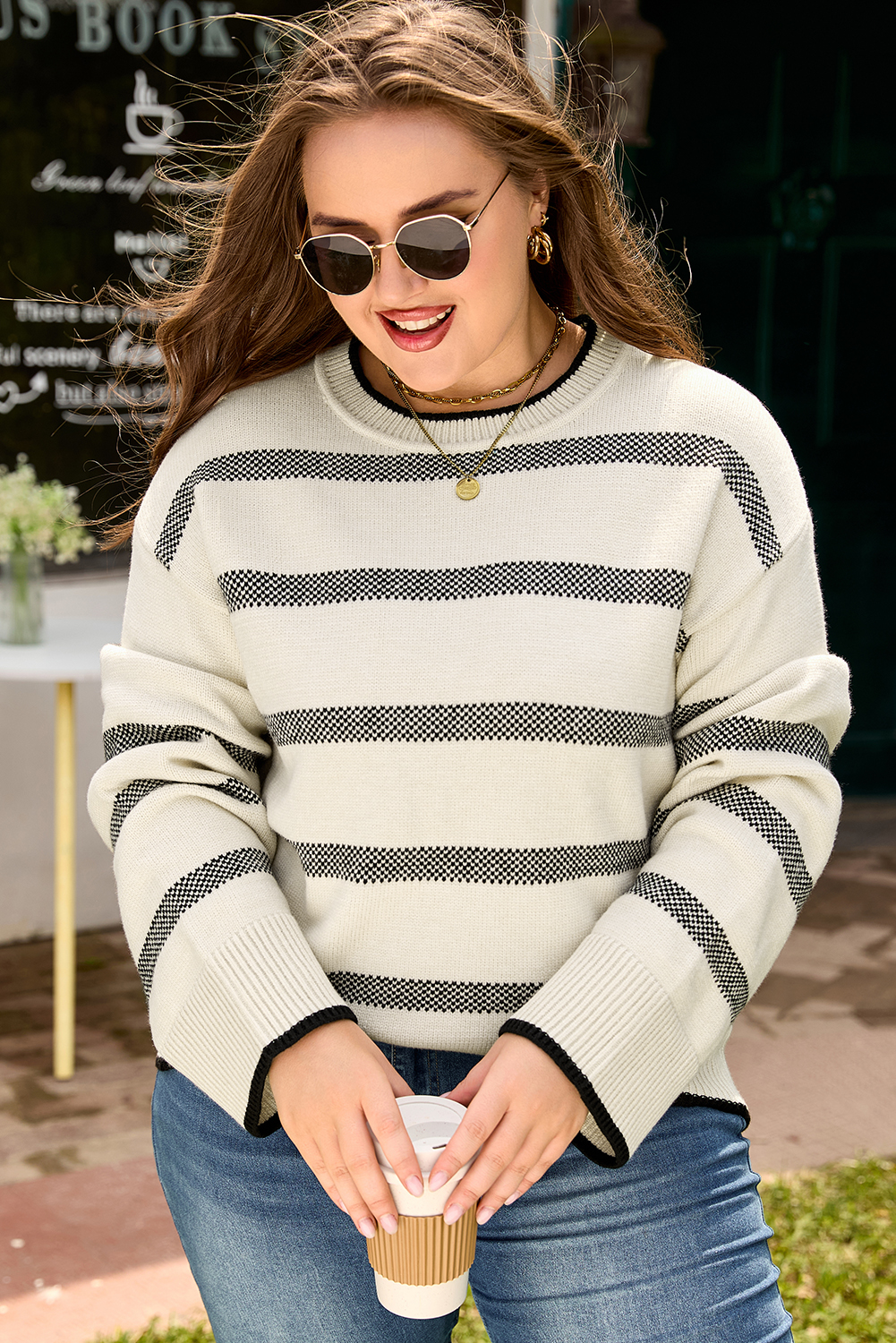 Apricot Stripe Wide Sleeve Drop Shoulder Crew Neck Plus Sweater - loveforevers
