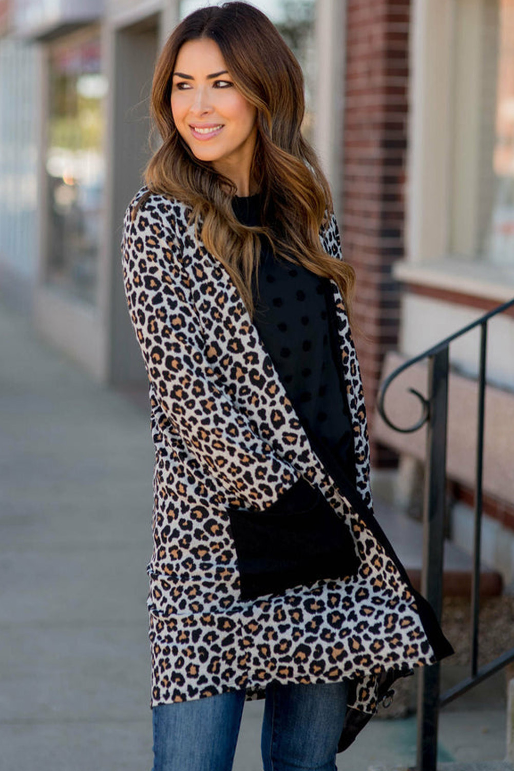Black Leopard Patched Pocket Open Front Cardigan - loveforevers
