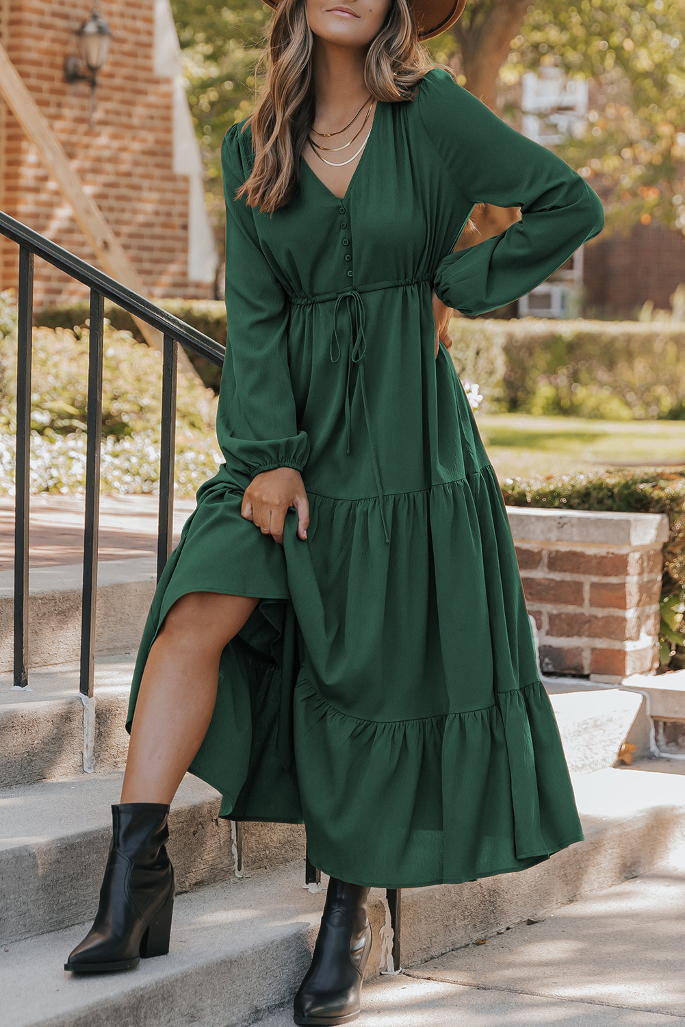 Blackish Green Solid Long Sleeve Button V Neck Tiered Maxi Dress - loveforevers
