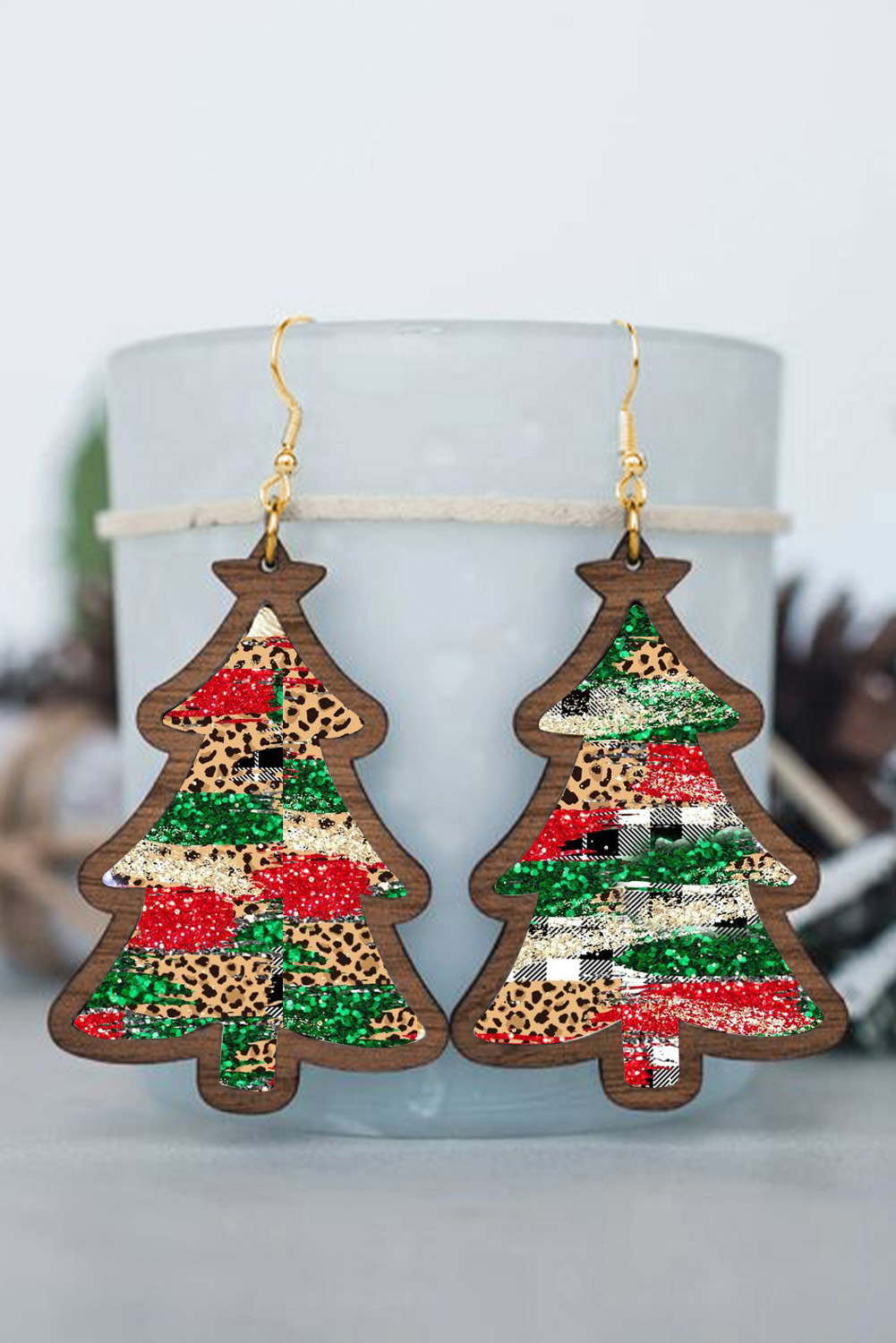 Red Shade Of Leopard Plaid Christmas Tree Earrings - loveforevers