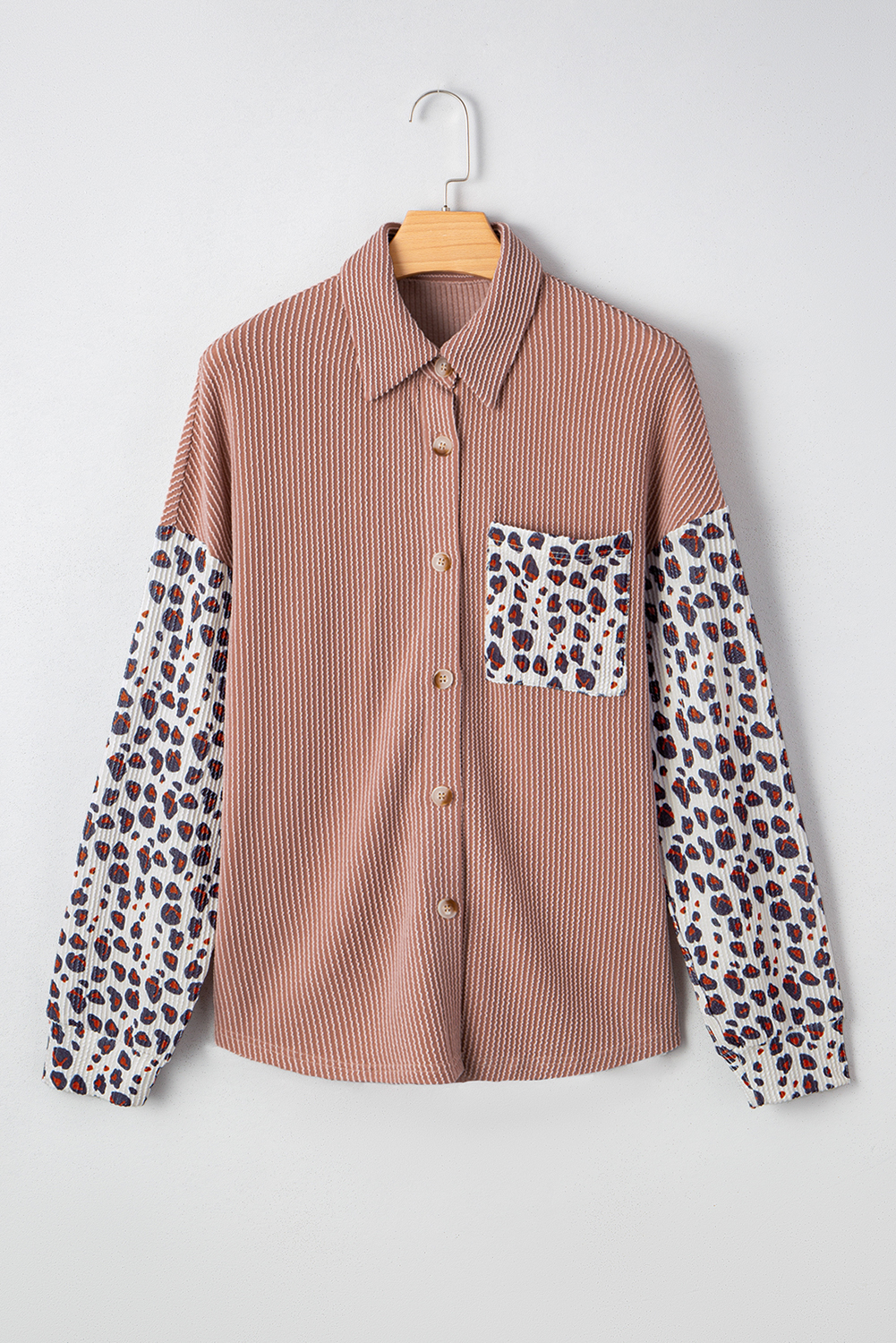 Dark Khaki Leopard Patched Twisted Ribbed Western Casual Shacket - loveforevers