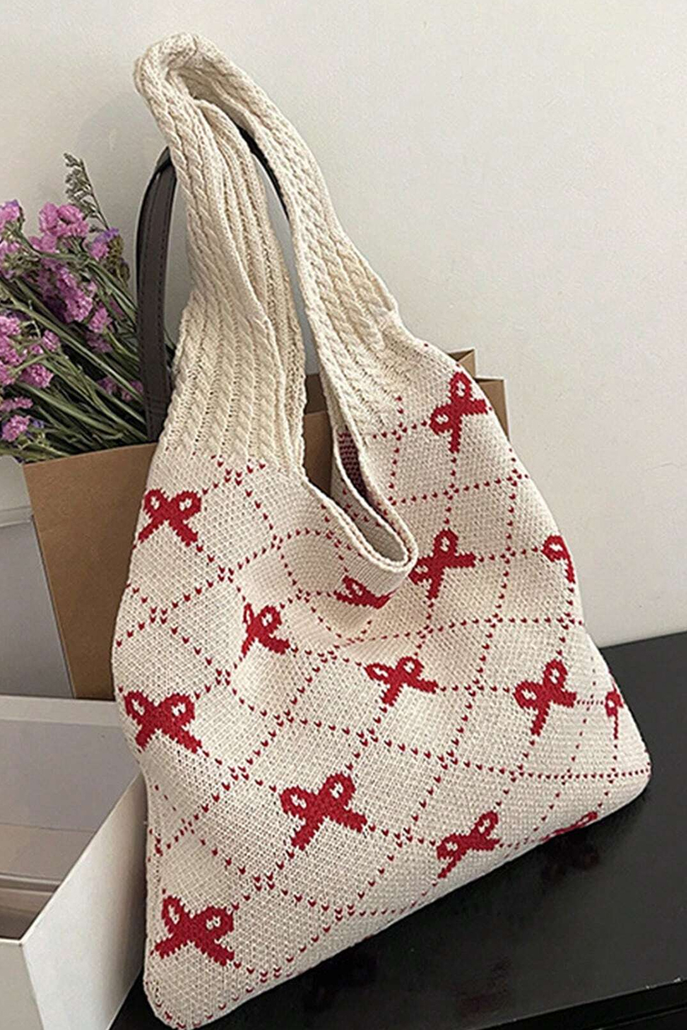 Fiery Red Bow Argyle Pattern Cable Knit Handle Tote Bag - loveforevers