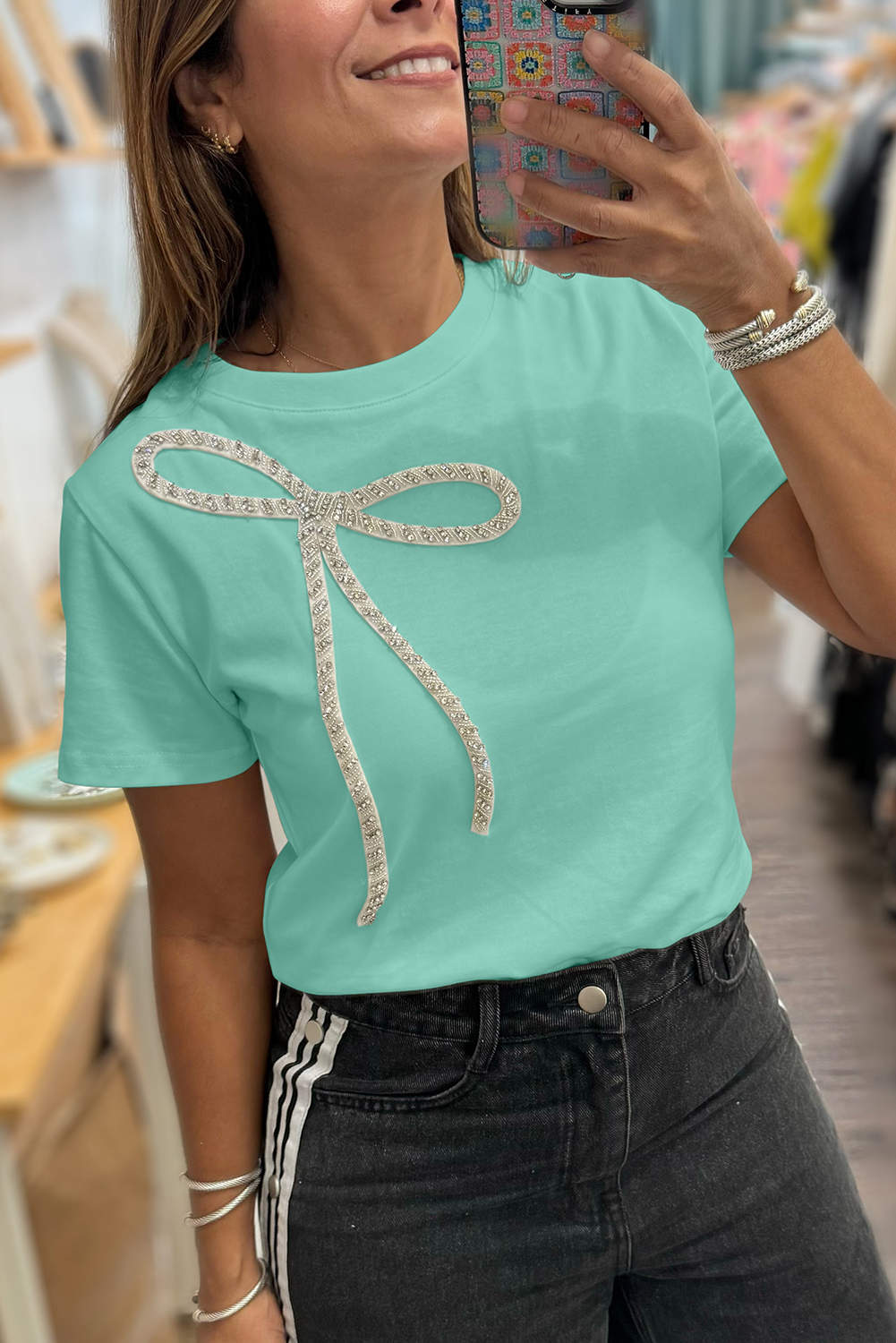 White Rhinestone Bow Embellished Round Neck Tee - loveforevers