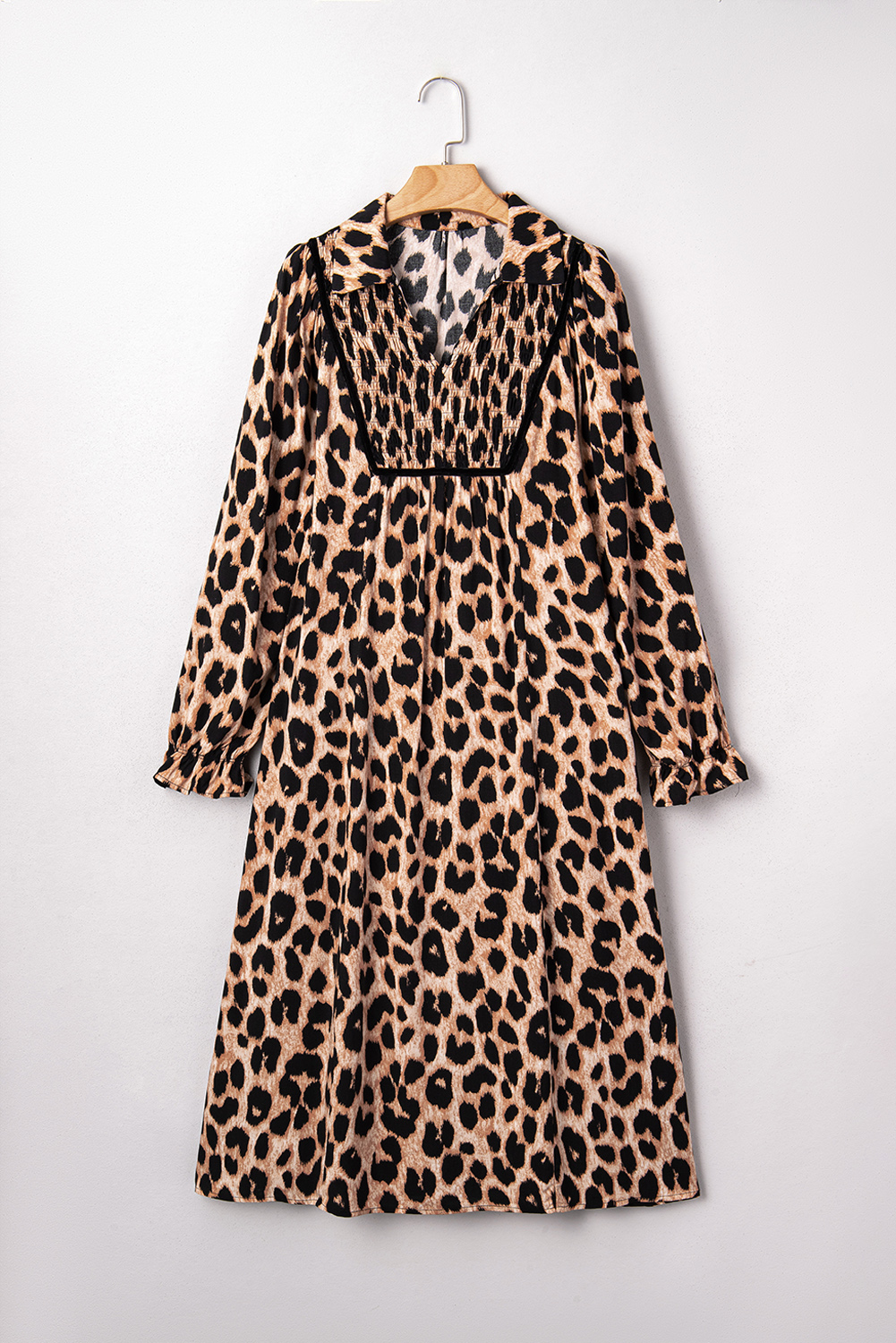 Four Leaf Clover Collared V Neck Smocked Detail Contrast Leopard Trim Bracelet Sleeve Long Dress - loveforevers