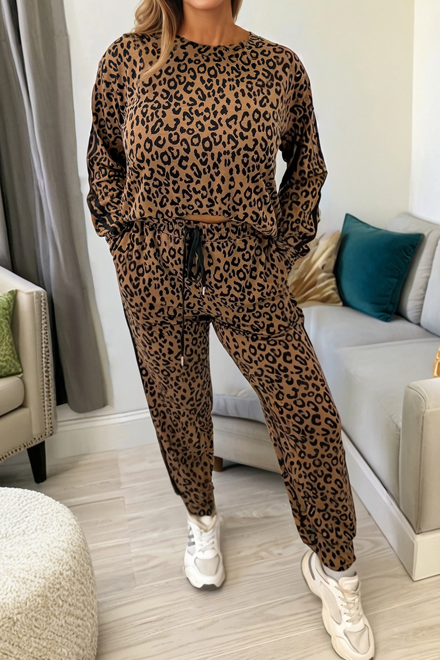 Brown Varsity Striped Trim Leopard Long Sleeve Top Drawstring Pant Set - loveforevers