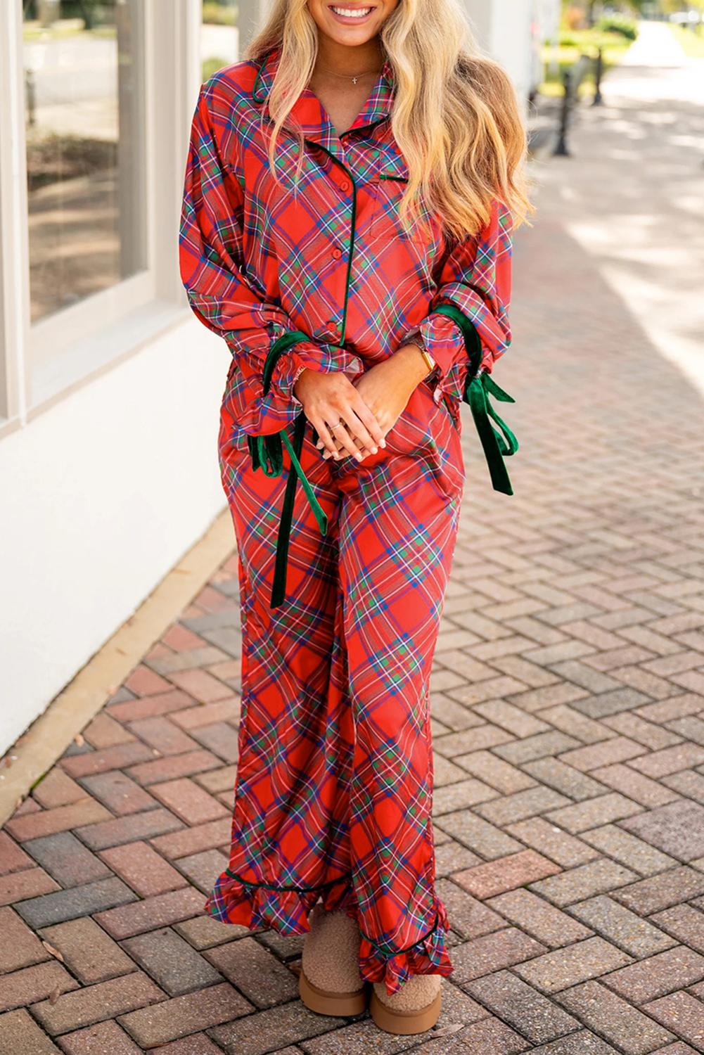 Fiery Red Christmas Plaid Satin Pajama Set with Contrast Velvet Ties - loveforevers