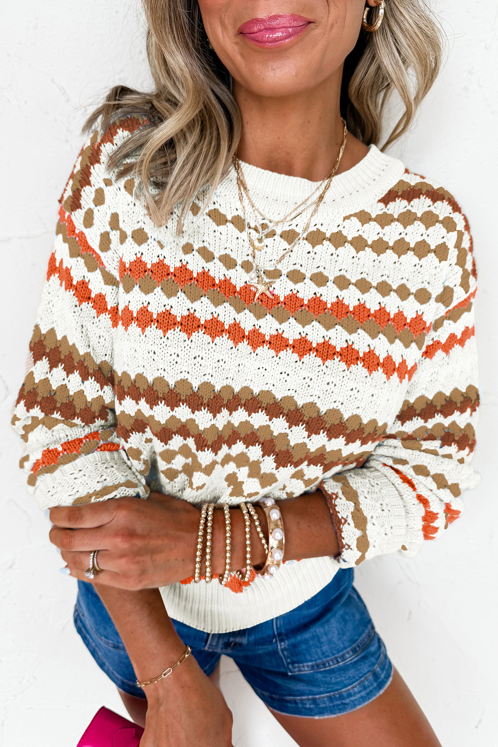 Brown Stripe Eyelet Patterned Drop Shoulder Sweater - loveforevers