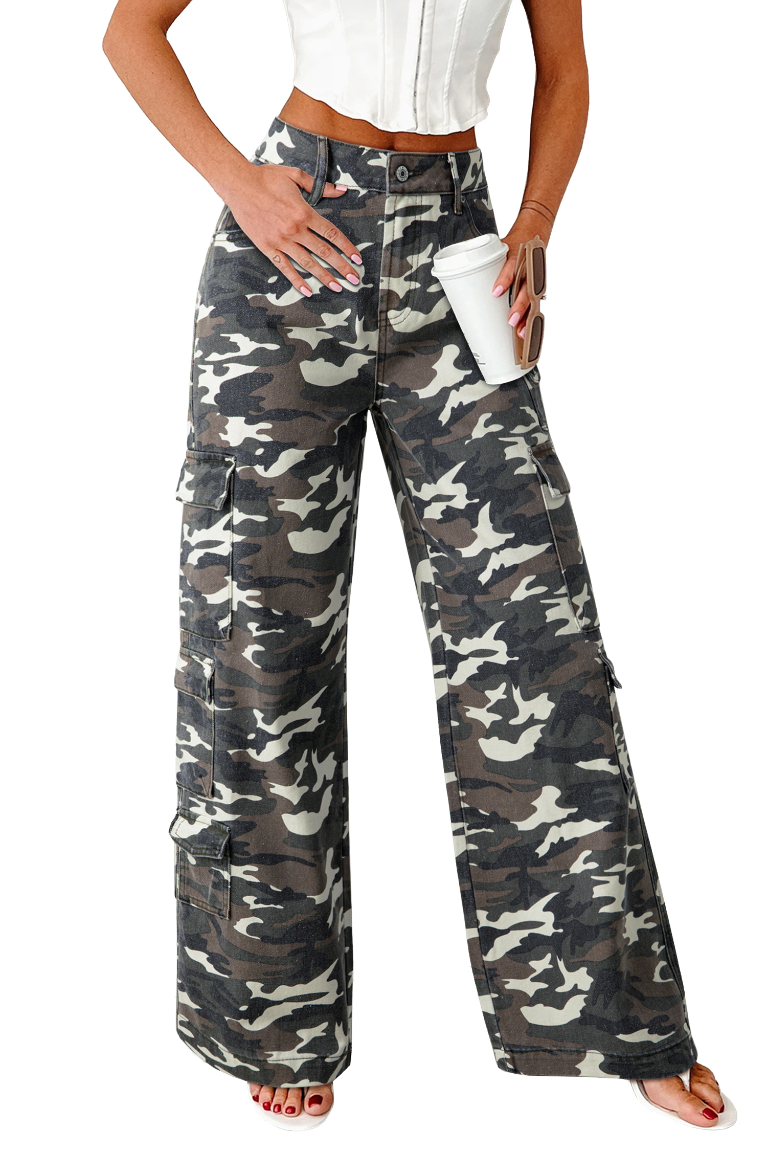 Green Camo Denim Cargo Wide Leg Pants - loveforevers