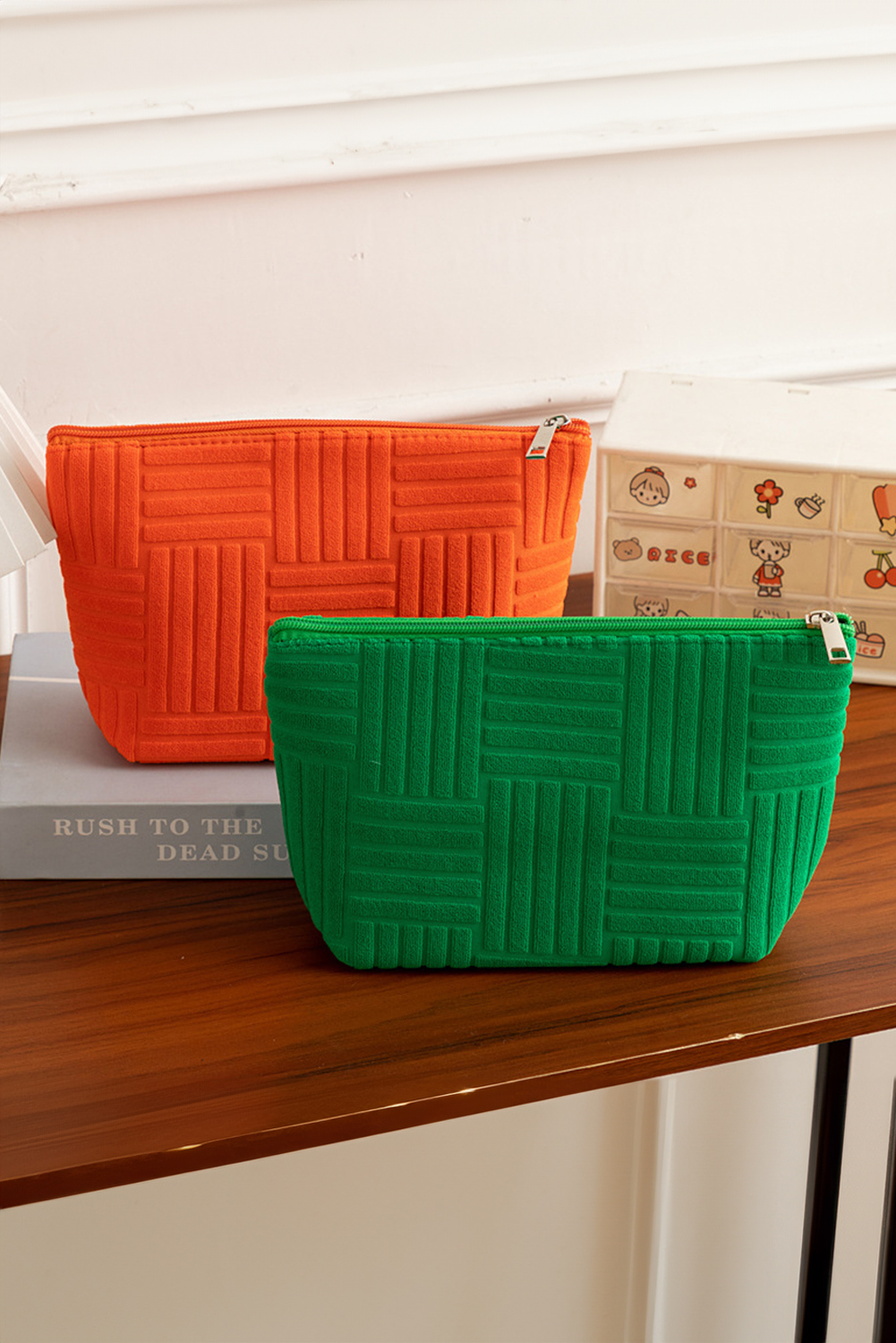 Dark Green Textured Woven Pattern Zipper Cosmetic Bag - loveforevers