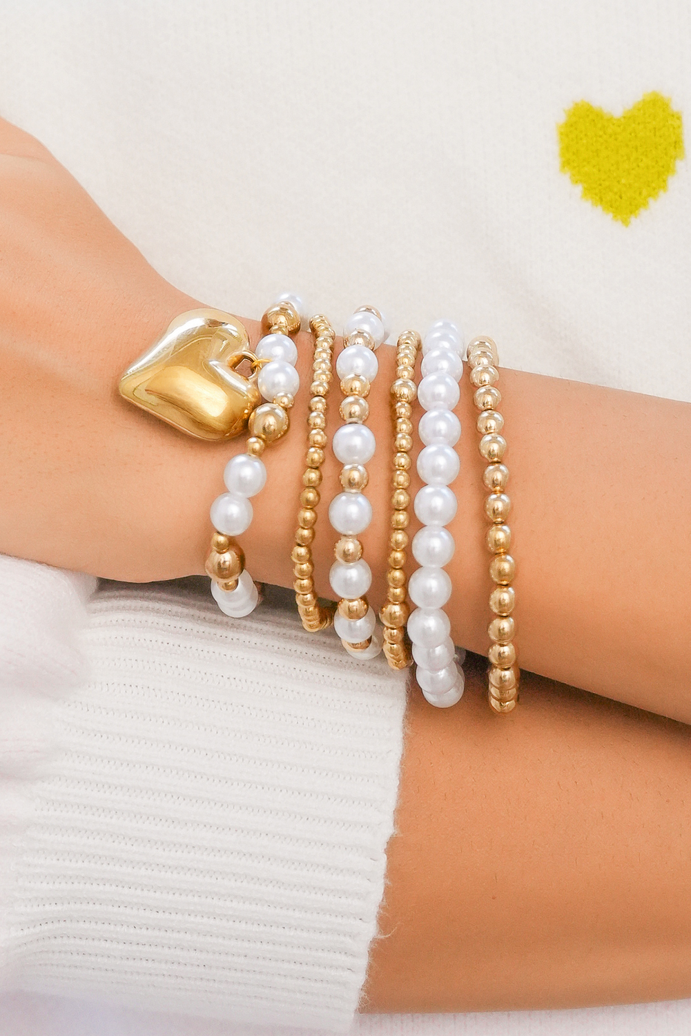 Gold Plated Heart Charm Pearl Beading Multilayer Bracelet - loveforevers
