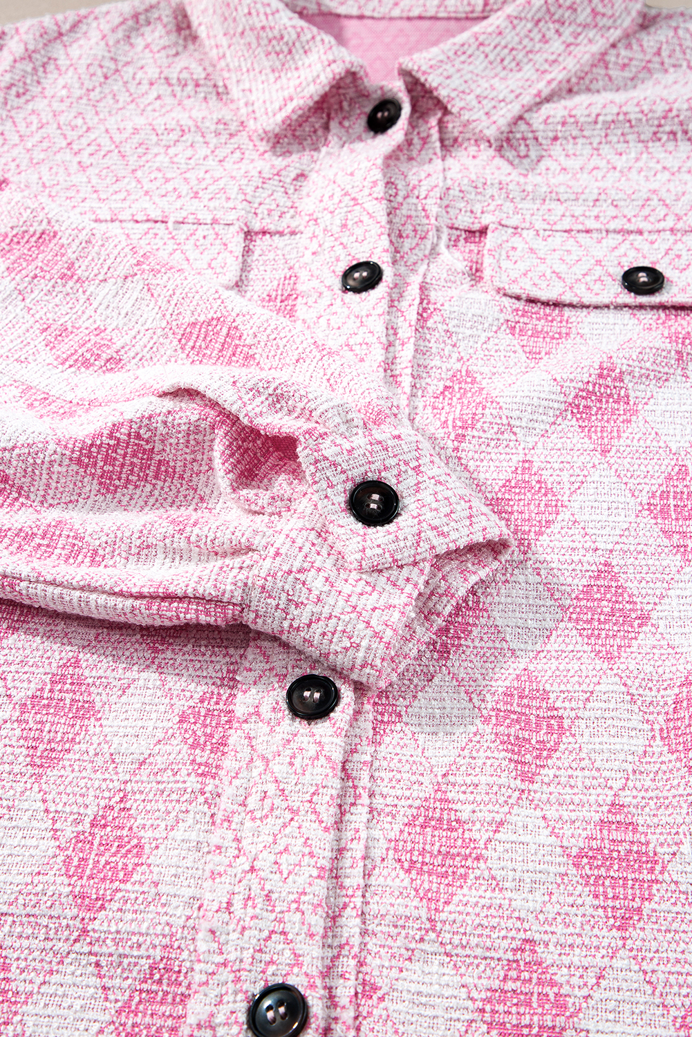 Delicacy Geometric Print Textured Flap Detail Shacket with Pocket - loveforevers
